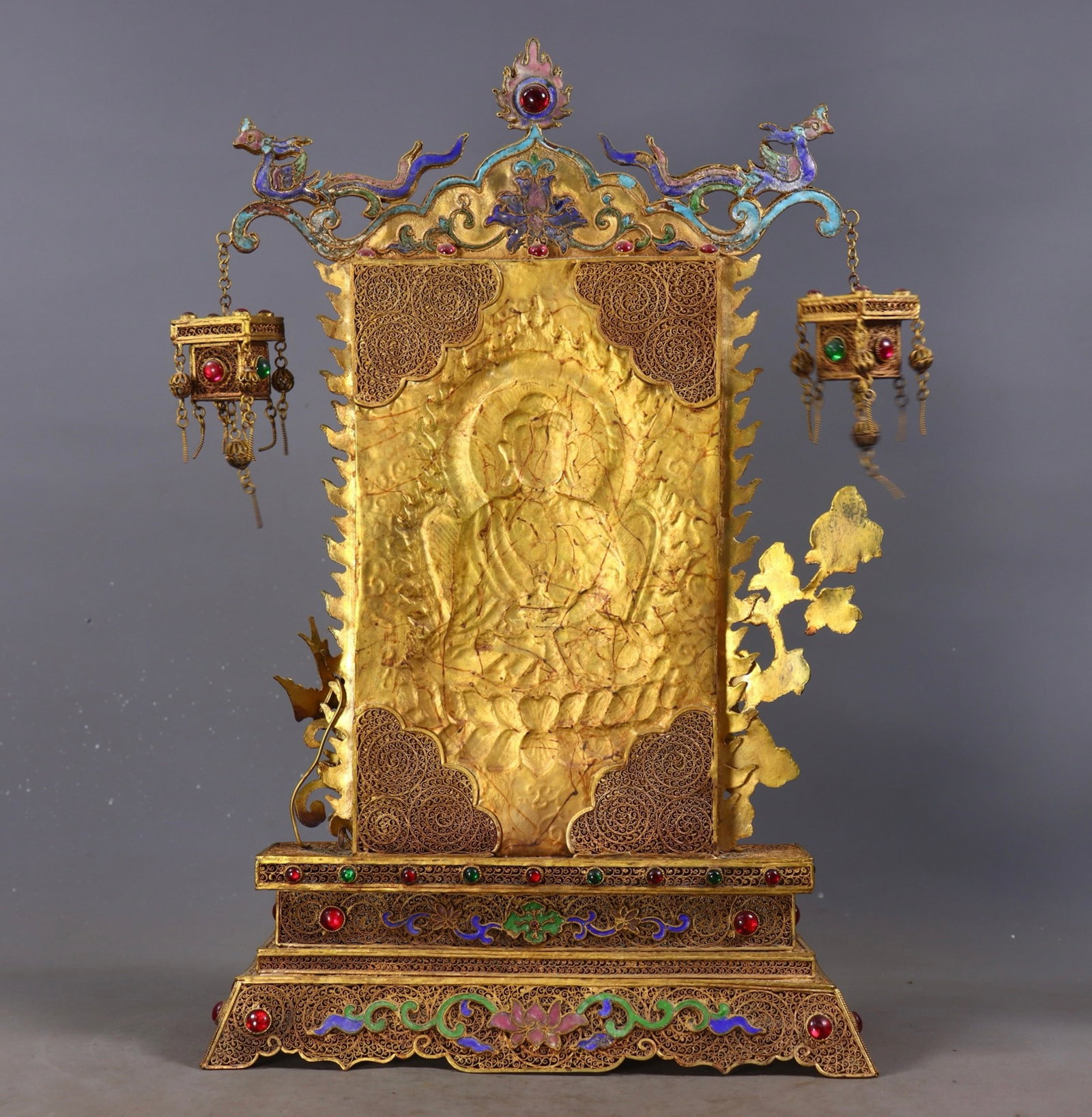 A Rare Filigree and Gilding Buddha Statue Pattern Table Screen,Inlaid Gems - 4