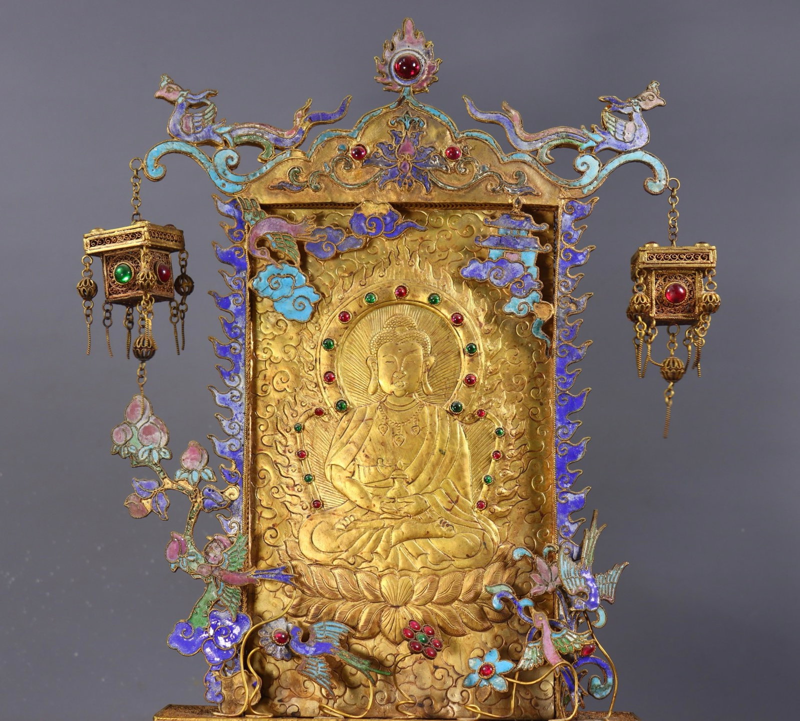 A Rare Filigree and Gilding Buddha Statue Pattern Table Screen,Inlaid Gems - 5