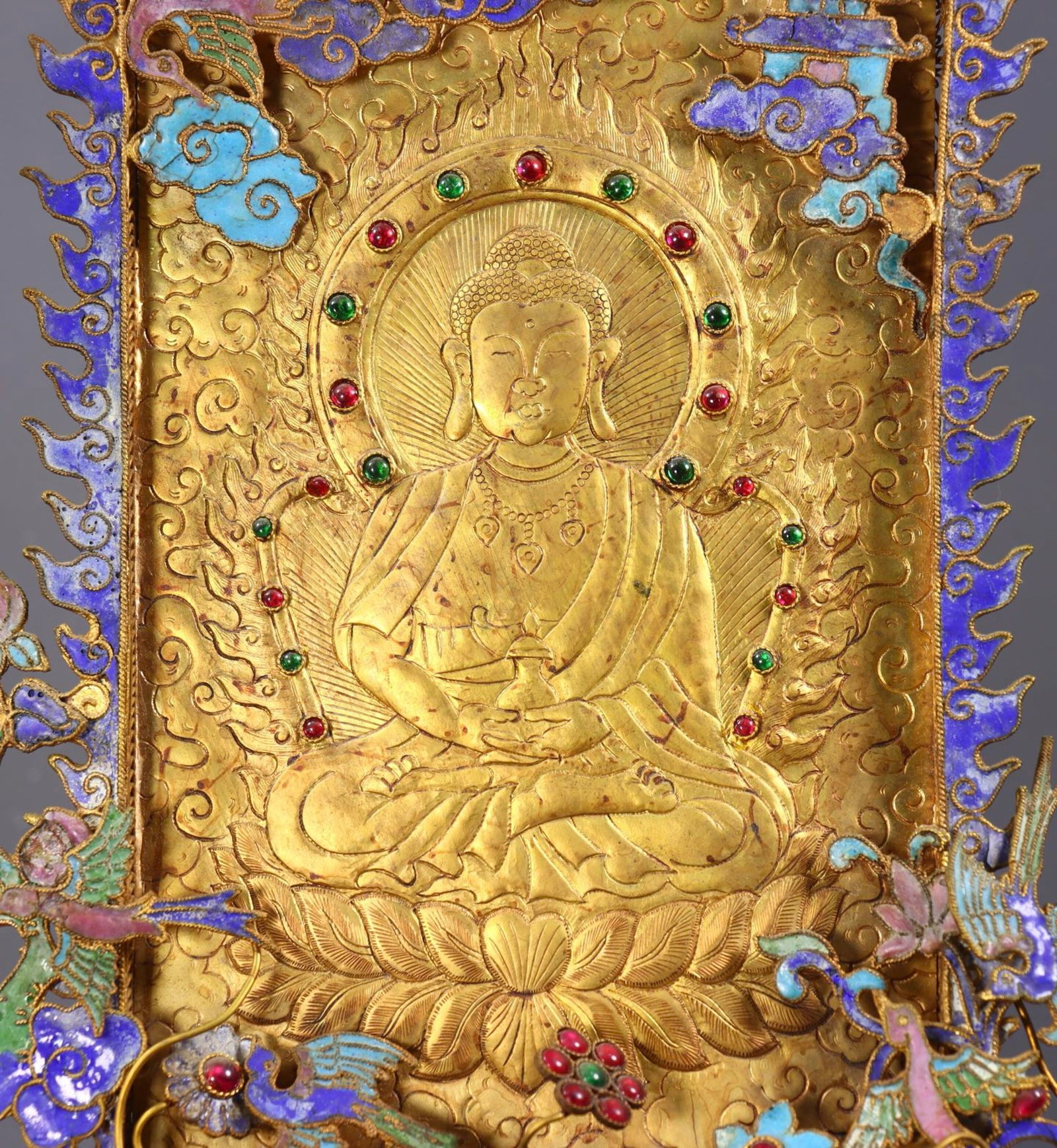 A Rare Filigree and Gilding Buddha Statue Pattern Table Screen,Inlaid Gems - 6