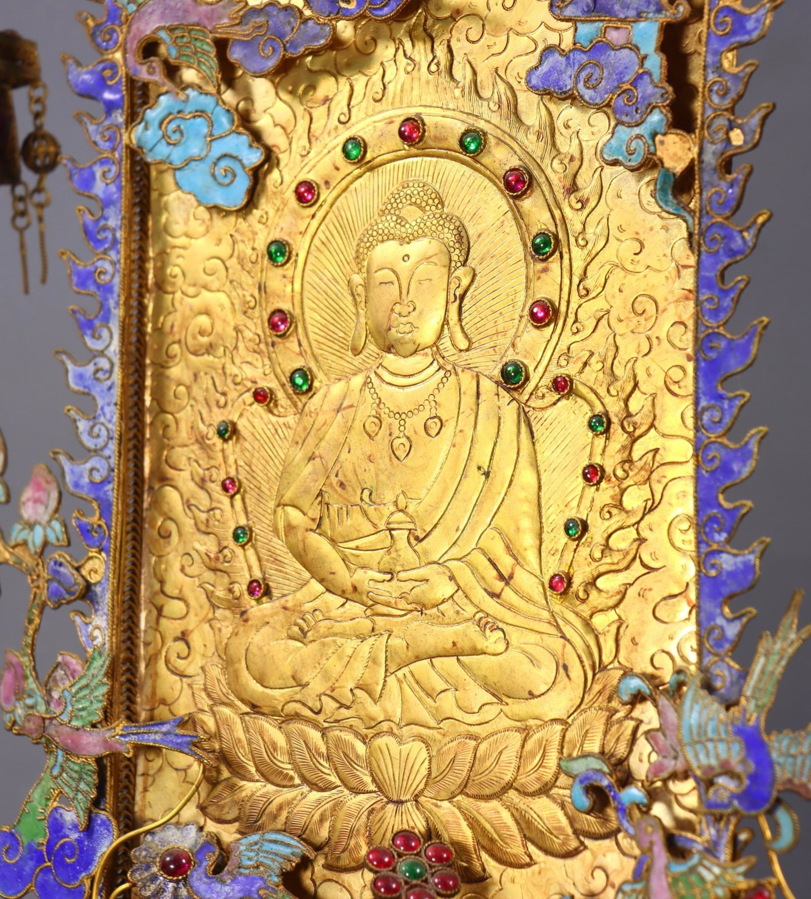 A Rare Filigree and Gilding Buddha Statue Pattern Table Screen,Inlaid Gems - 7