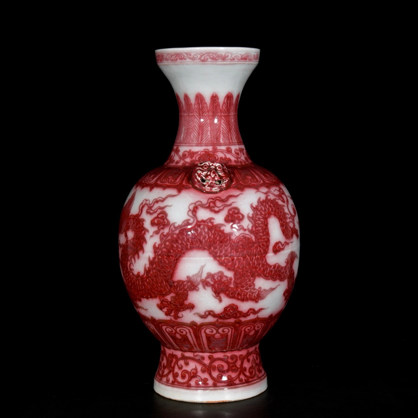 A Huge Underglaze-Red Auspicious Cloud and Dragon Pattern Beast-Ears Vase - 5