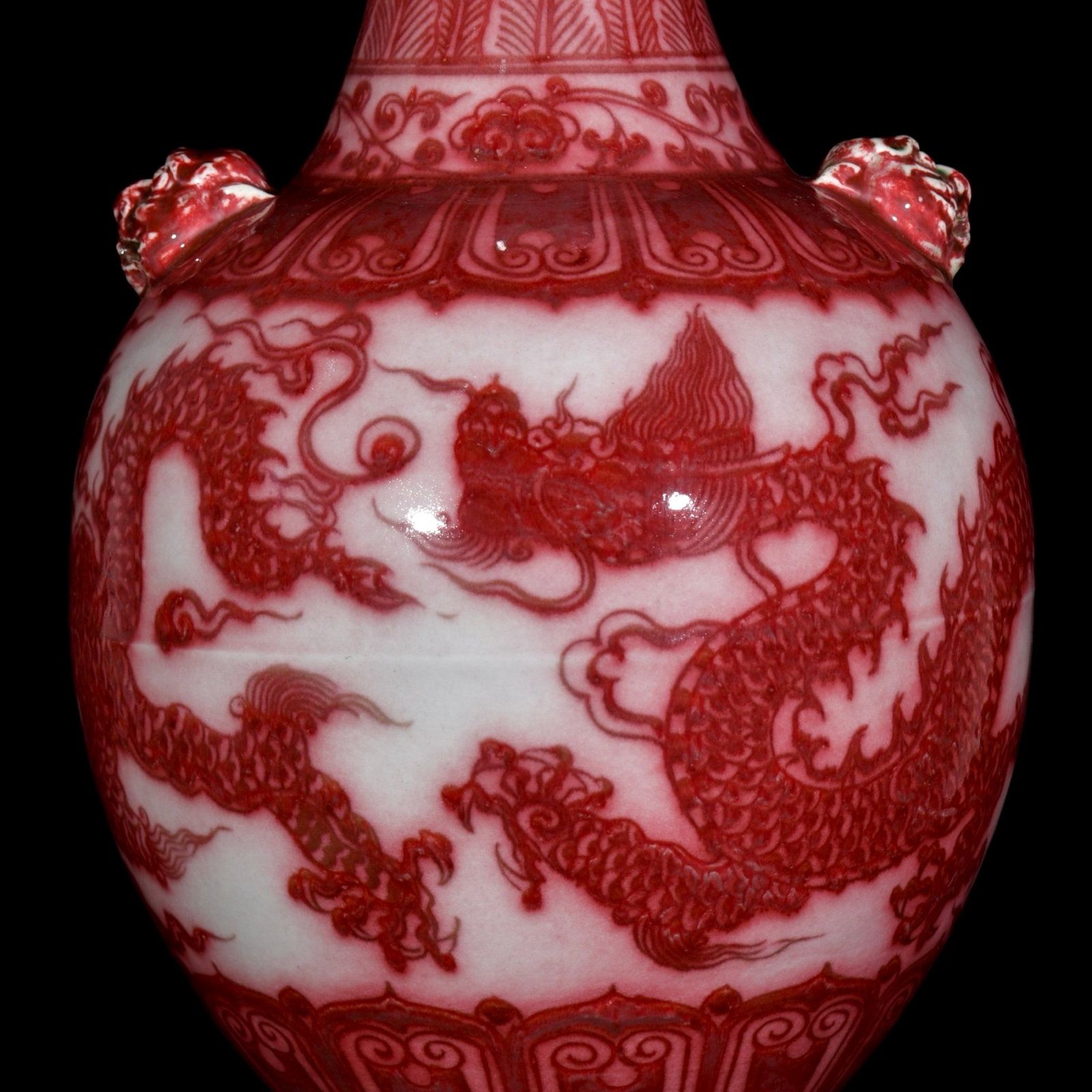 A Huge Underglaze-Red Auspicious Cloud and Dragon Pattern Beast-Ears Vase - 7