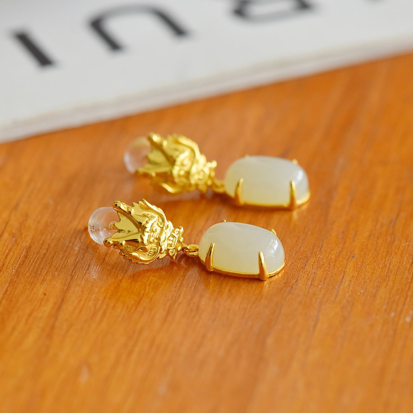 A Pair of Exquisite Sterling Silver-Gold Plated Inlaid White Jade Earrings - 4