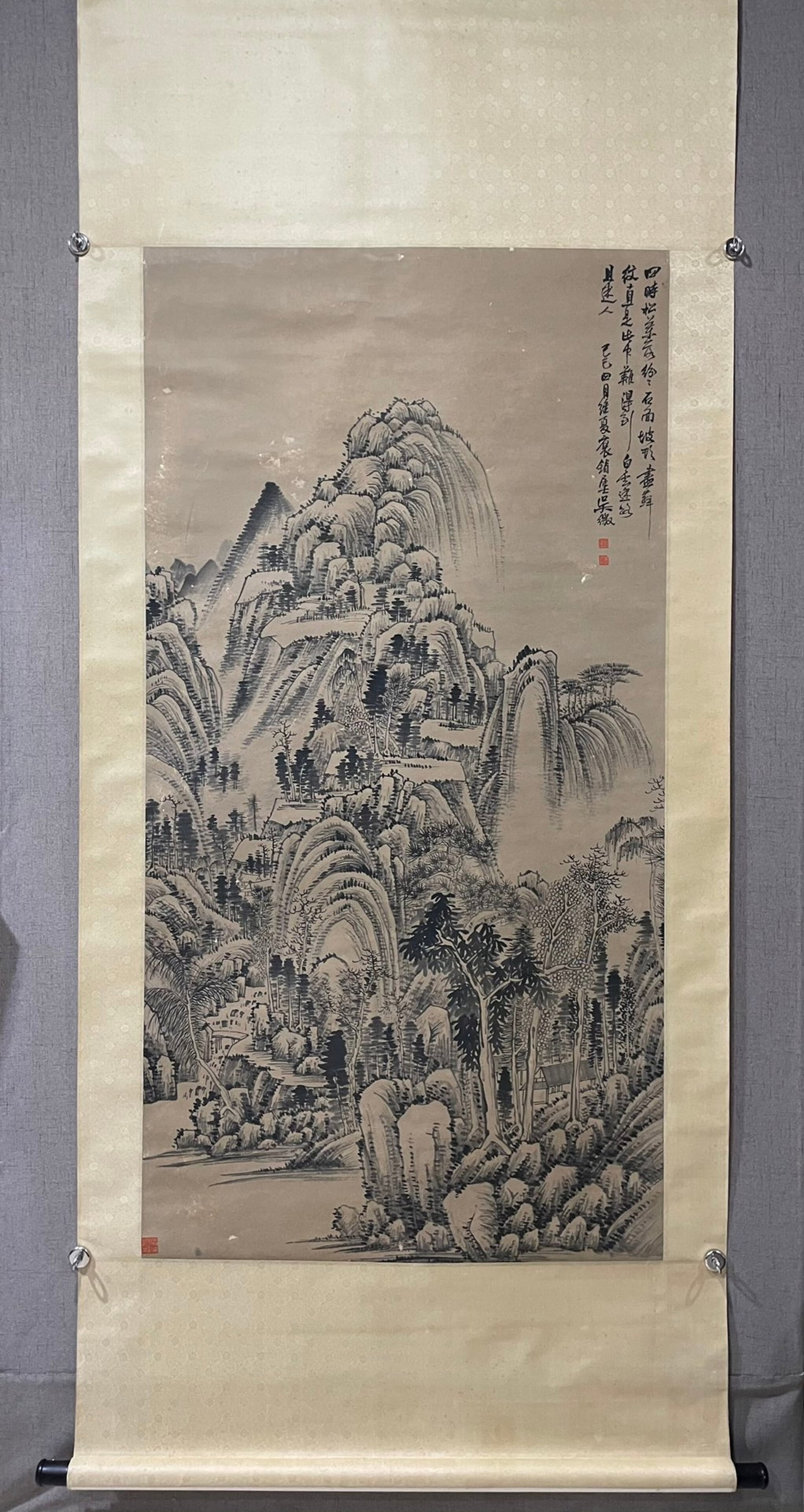 A Chinese Vertical Scroll Ink Painting of Landscape on Paper,Wu Zheng: Estimated Value:3000-6000 A Chinese Vertical Scroll Ink Painting of Landscape on Paper,Wu Zheng,Size:59.4inx30.7in