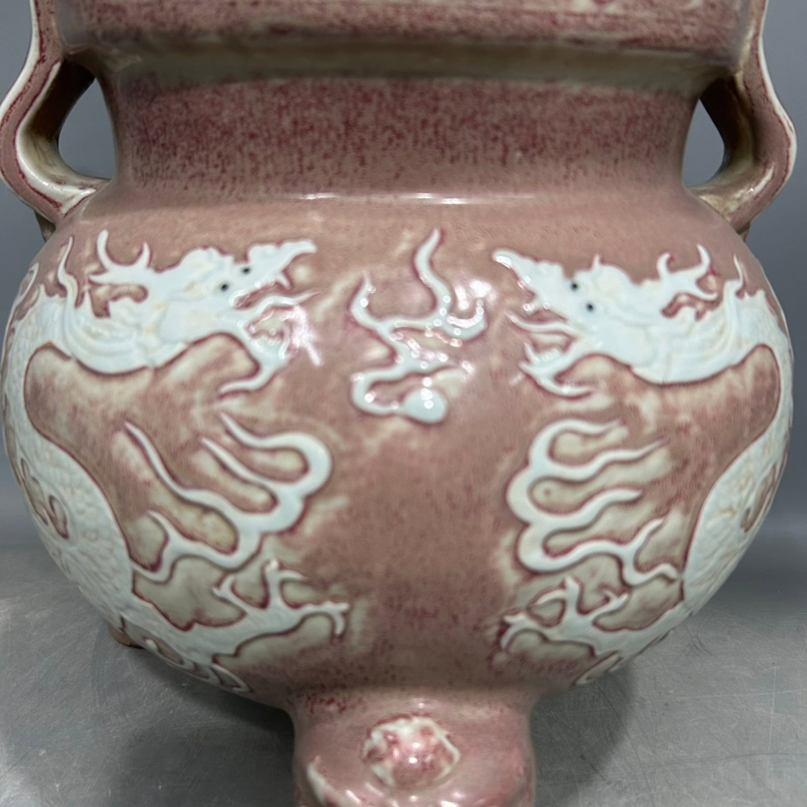 A Rare Underglaze-Red Auspicious Cloud and Dragon Pattern Double-Ears Tripod Censer - 2
