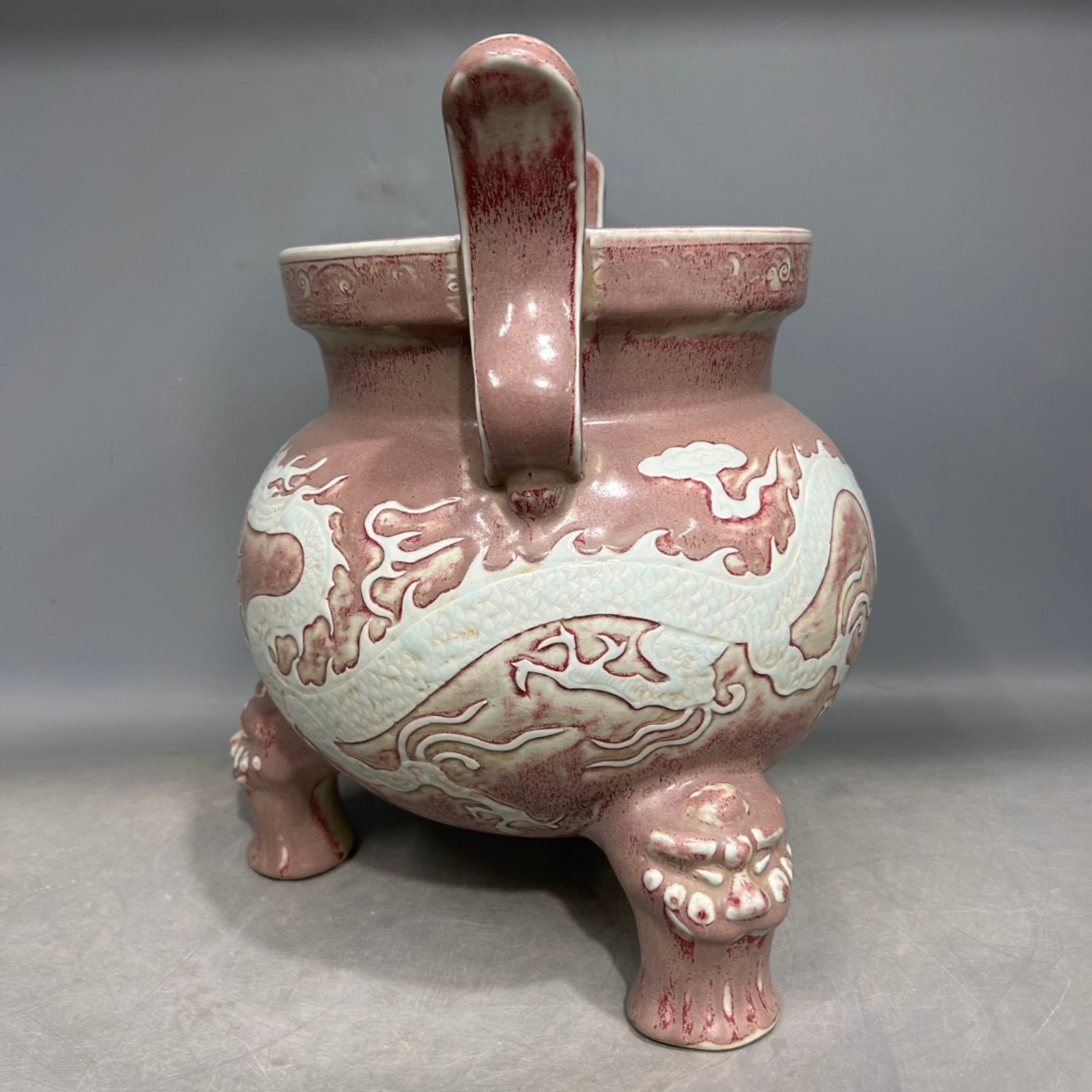 A Rare Underglaze-Red Auspicious Cloud and Dragon Pattern Double-Ears Tripod Censer - 3