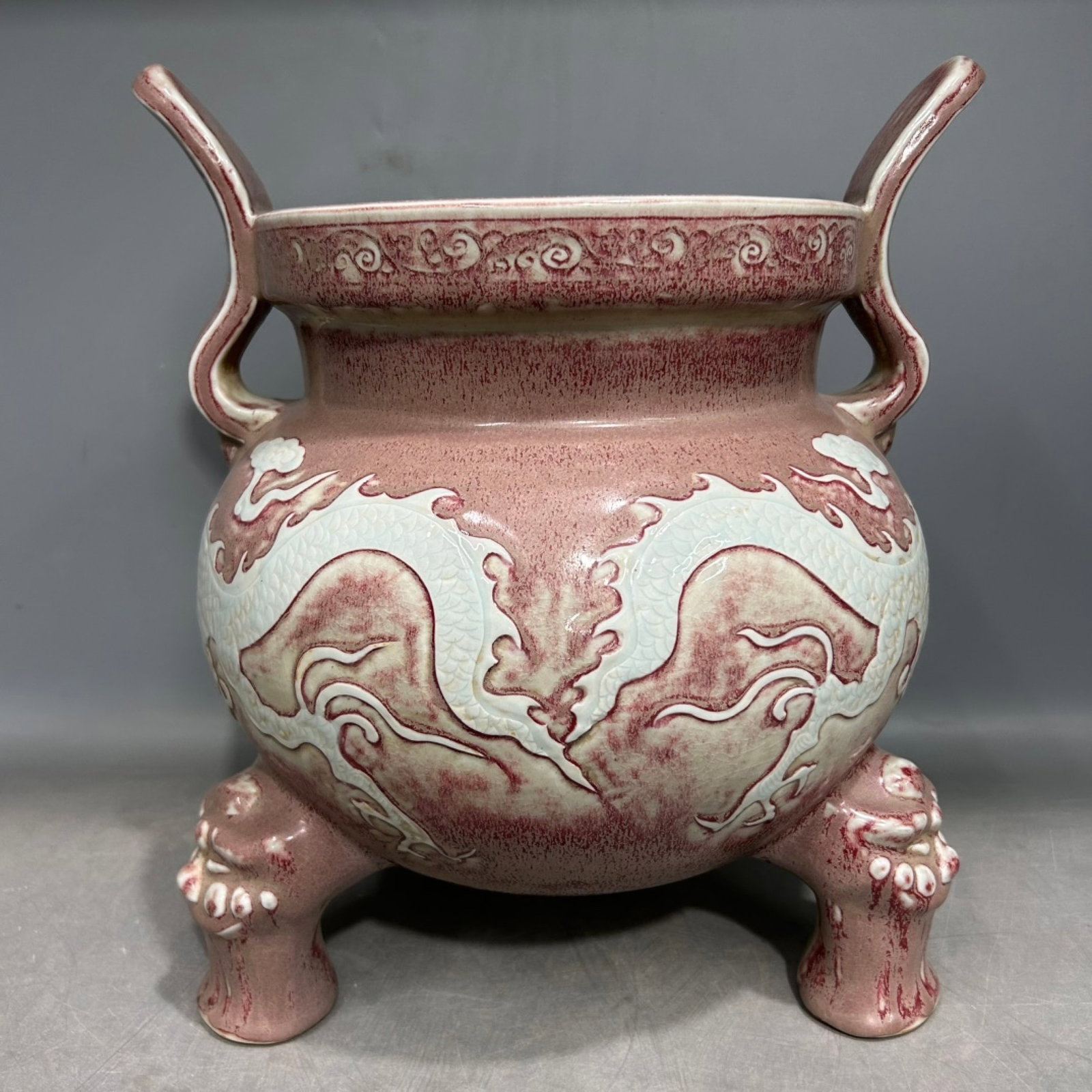 A Rare Underglaze-Red Auspicious Cloud and Dragon Pattern Double-Ears Tripod Censer - 4