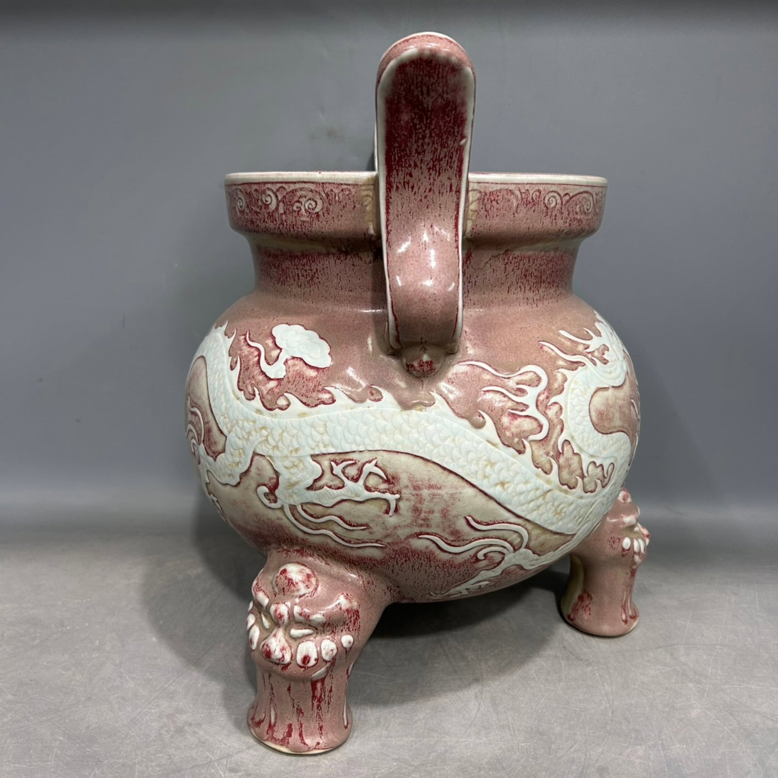 A Rare Underglaze-Red Auspicious Cloud and Dragon Pattern Double-Ears Tripod Censer - 5