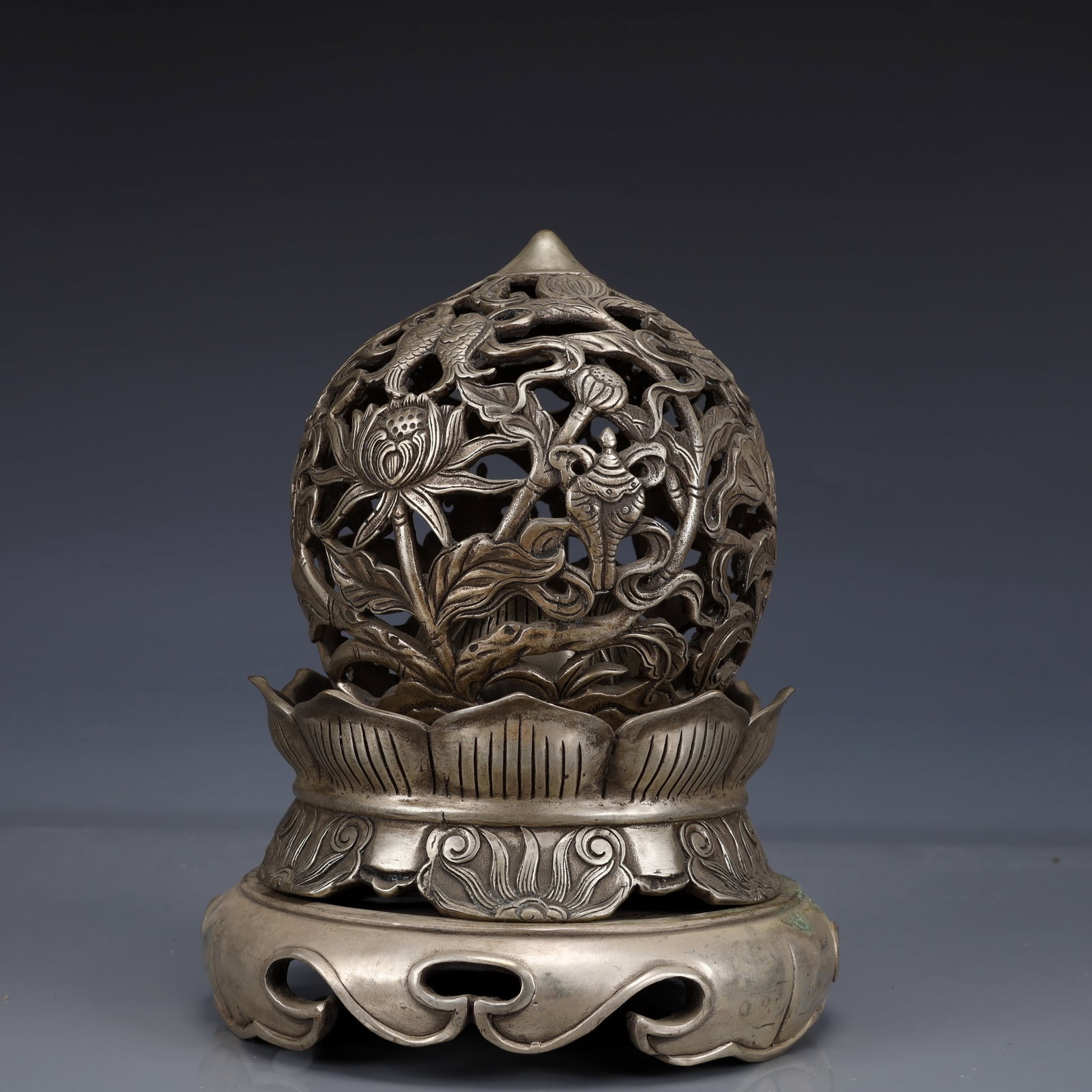 An Exquisite Silver-Plated Bronze Eight Treasures Pattern Censer: Estimated Value:1600-3200 An Exquisite Silver-Plated Bronze Eight Treasures Pattern Censer,The Republic of China,Size:6.3inx6.3inx8.7in,Weight:2100g