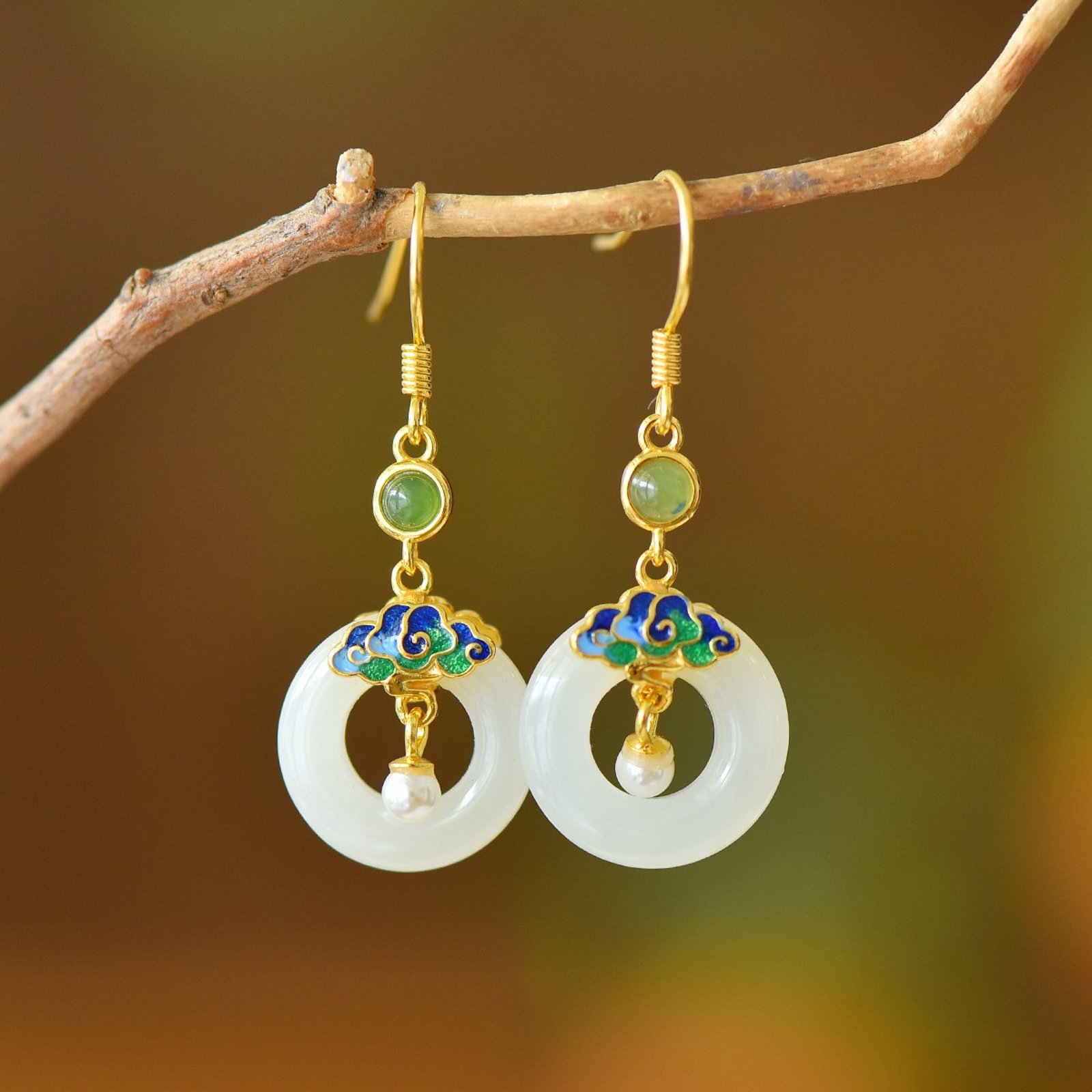 A Set of Fine Sterling Silver-Gold Plated Inlaid White Jade Jewelrys,Inlaid Pearls - 2