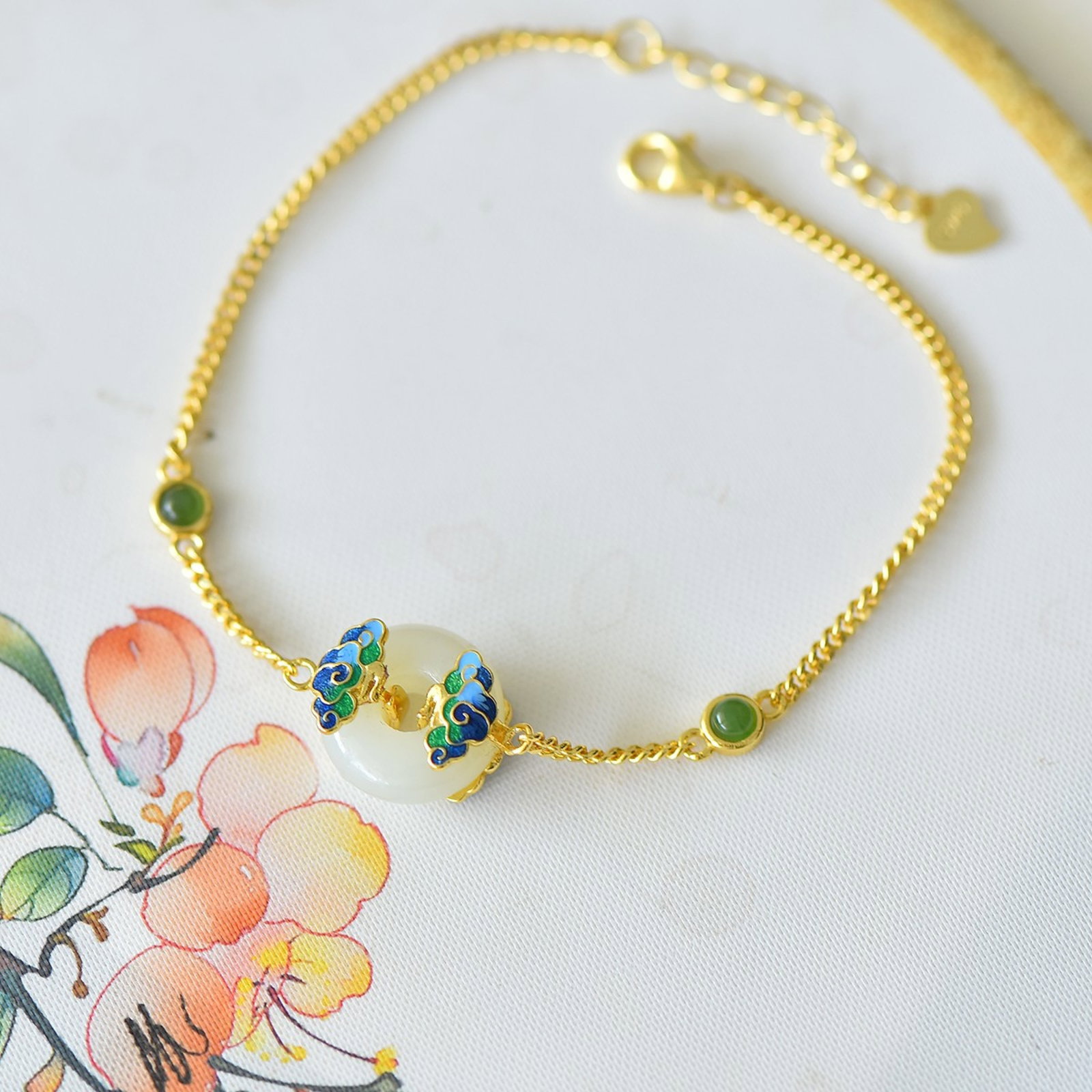 A Set of Fine Sterling Silver-Gold Plated Inlaid White Jade Jewelrys,Inlaid Pearls - 3