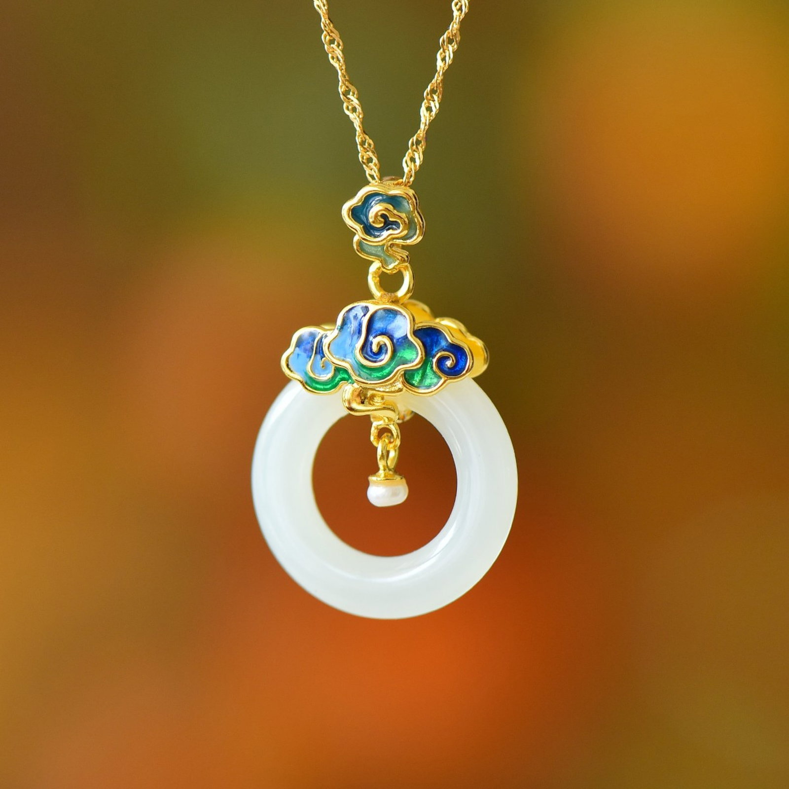 A Set of Fine Sterling Silver-Gold Plated Inlaid White Jade Jewelrys,Inlaid Pearls - 4