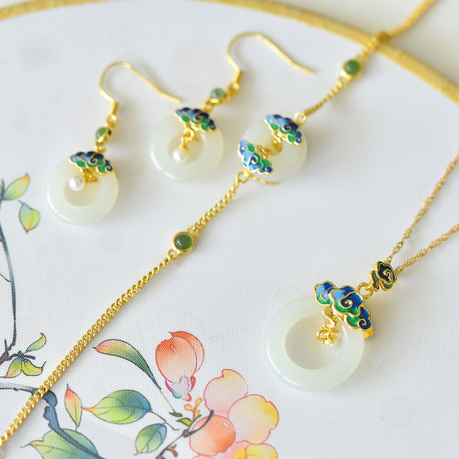 A Set of Fine Sterling Silver-Gold Plated Inlaid White Jade Jewelrys,Inlaid Pearls - 5