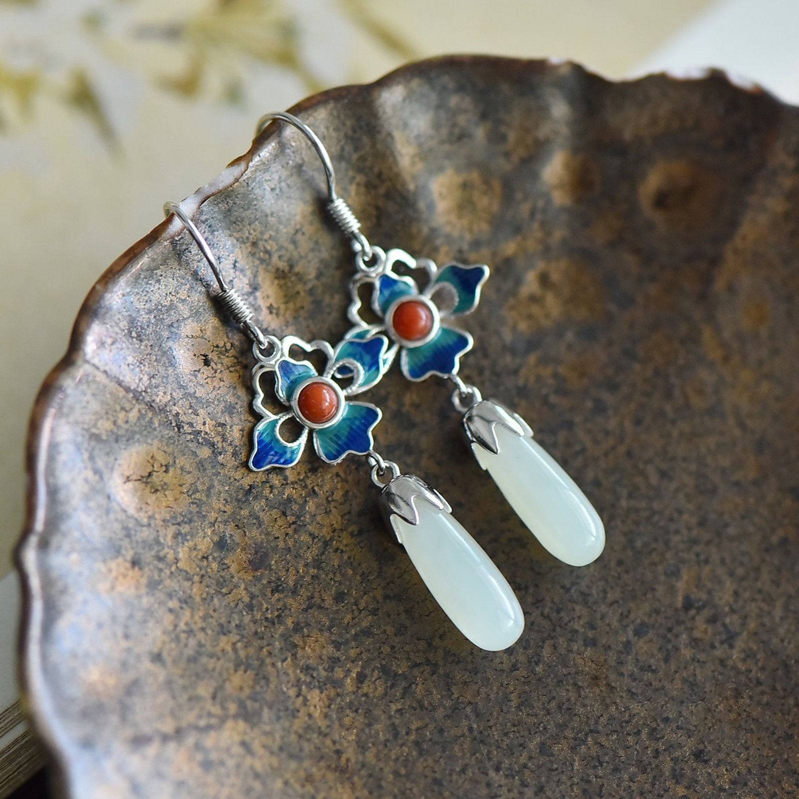 A Set of Fine Sterling Silver Inlaid White Jade Jewelries - 4