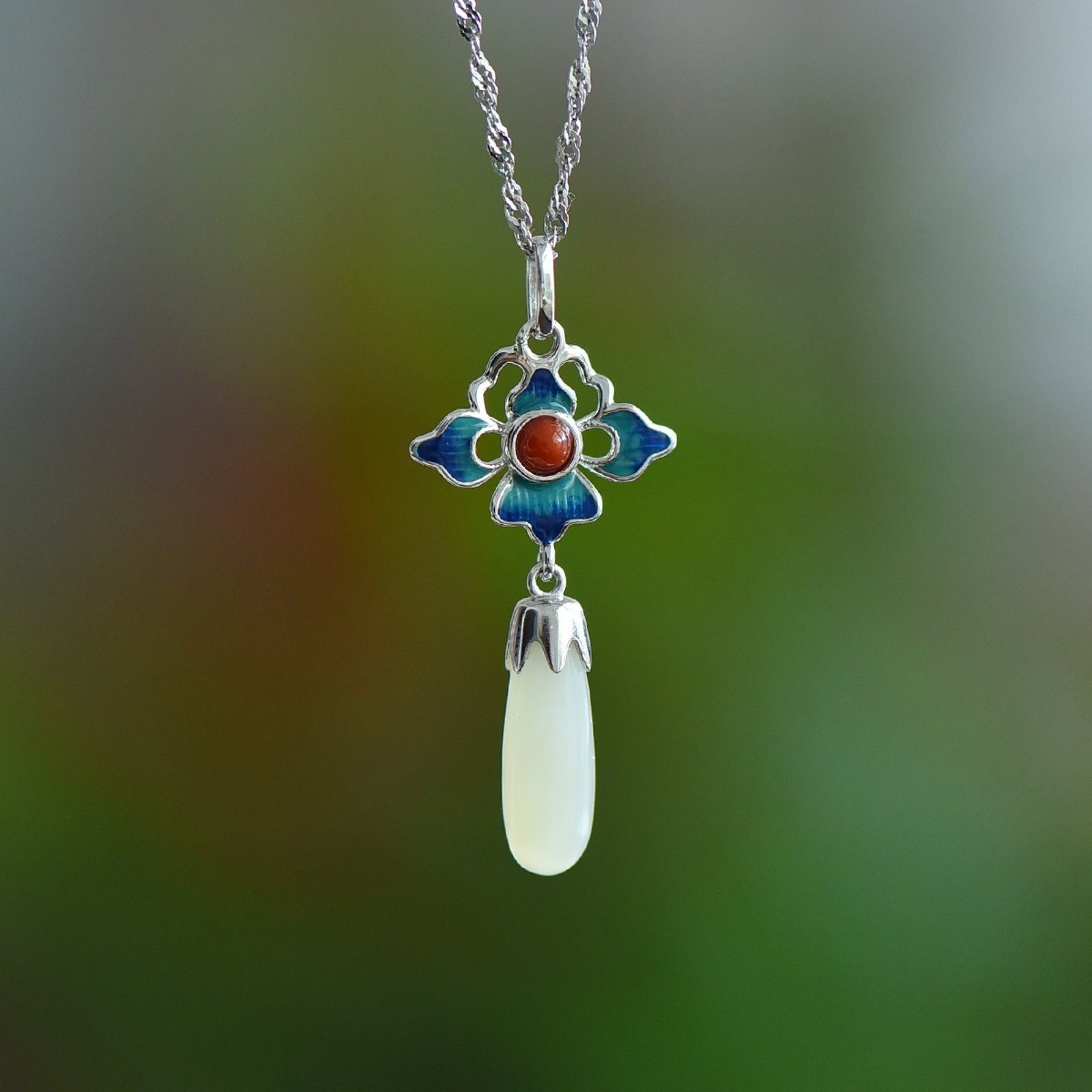 A Set of Fine Sterling Silver Inlaid White Jade Jewelries - 5