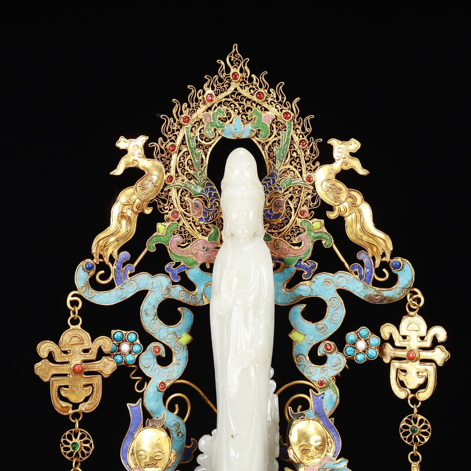 An Exquisite Filigree and Gilding Inlaid White Jade Statue of Avalokitesvara,Inlaid Gems - 2