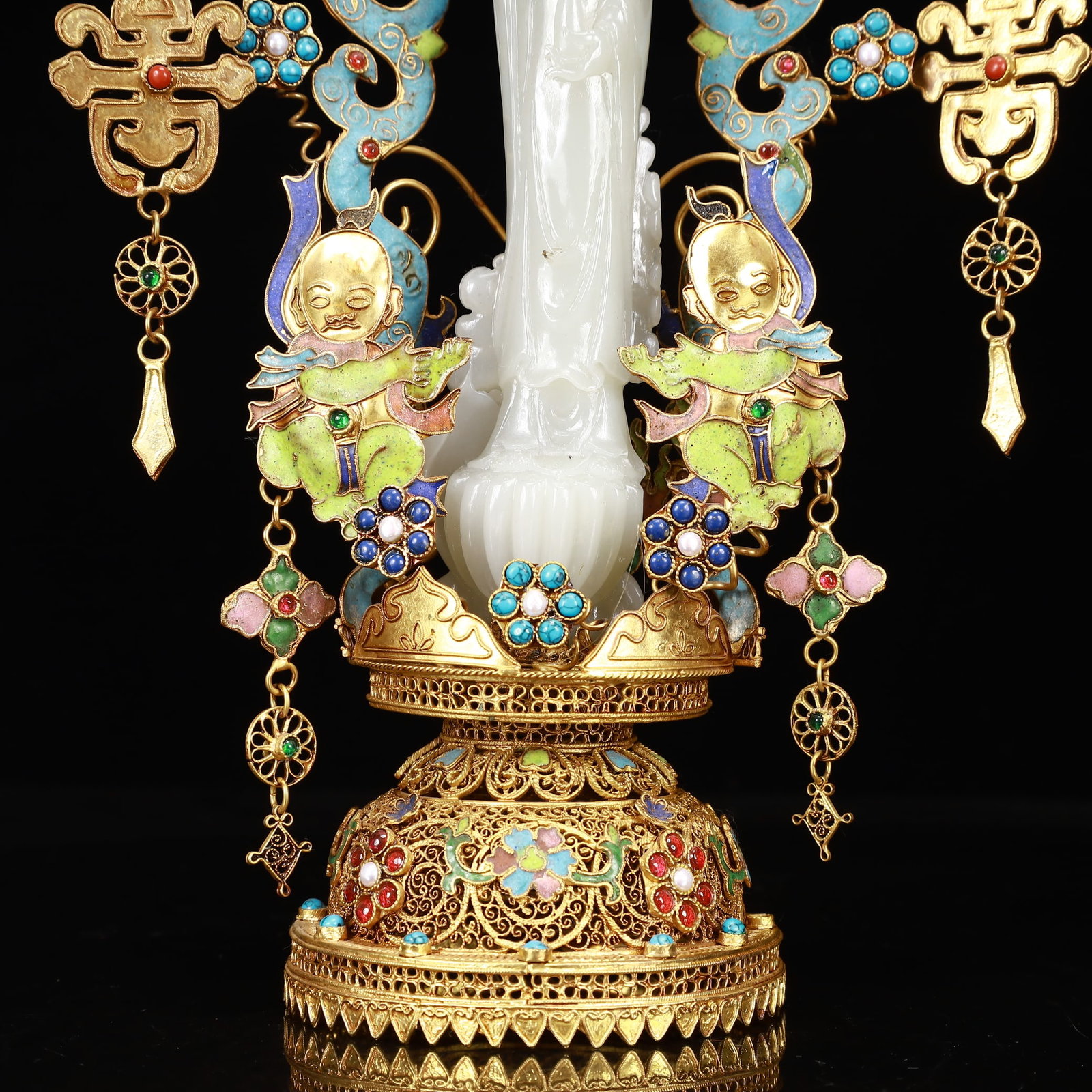An Exquisite Filigree and Gilding Inlaid White Jade Statue of Avalokitesvara,Inlaid Gems - 3