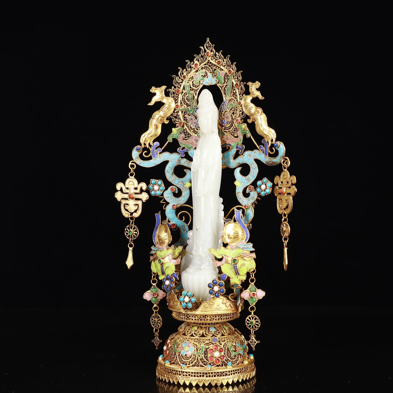 An Exquisite Filigree and Gilding Inlaid White Jade Statue of Avalokitesvara,Inlaid Gems - 4