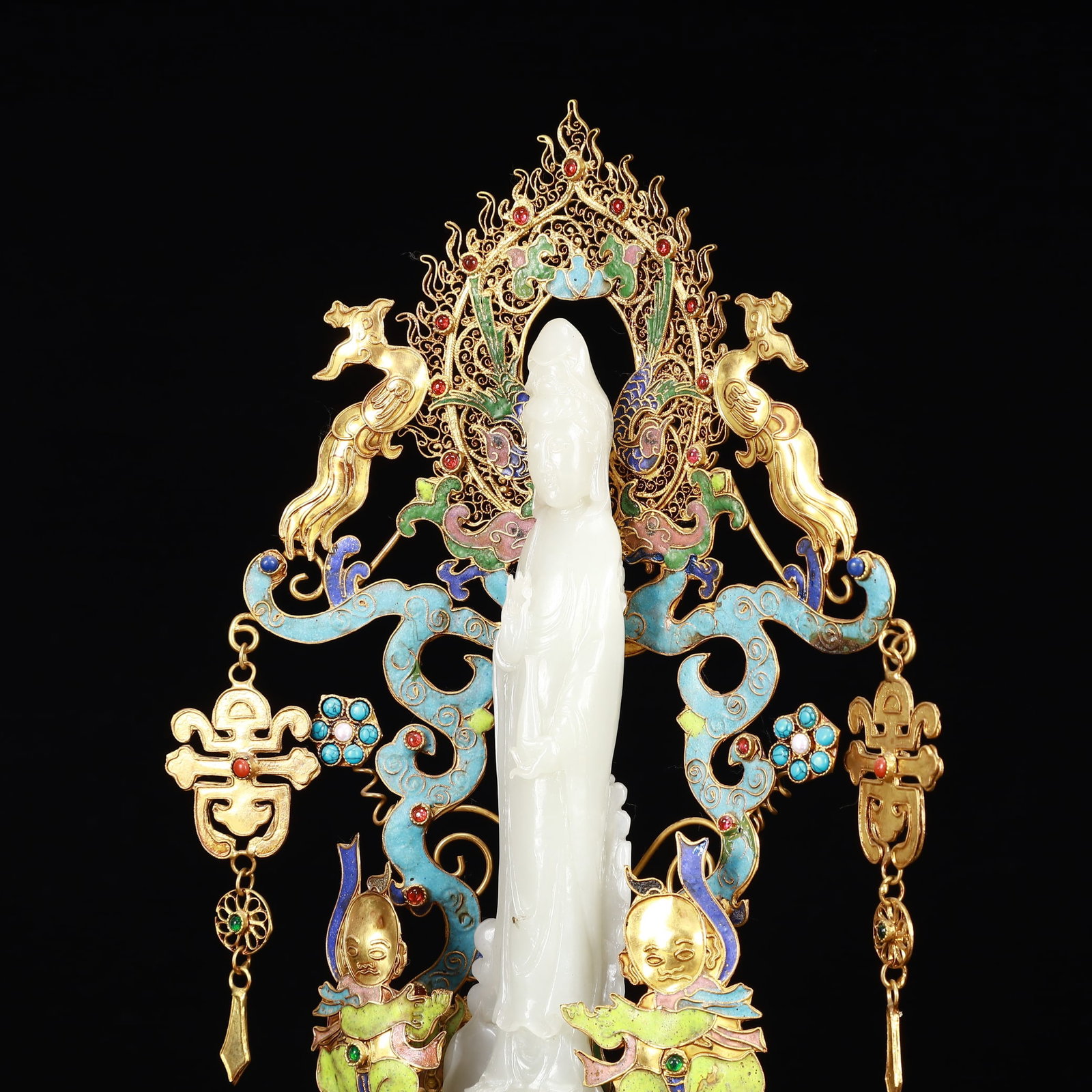 An Exquisite Filigree and Gilding Inlaid White Jade Statue of Avalokitesvara,Inlaid Gems - 5