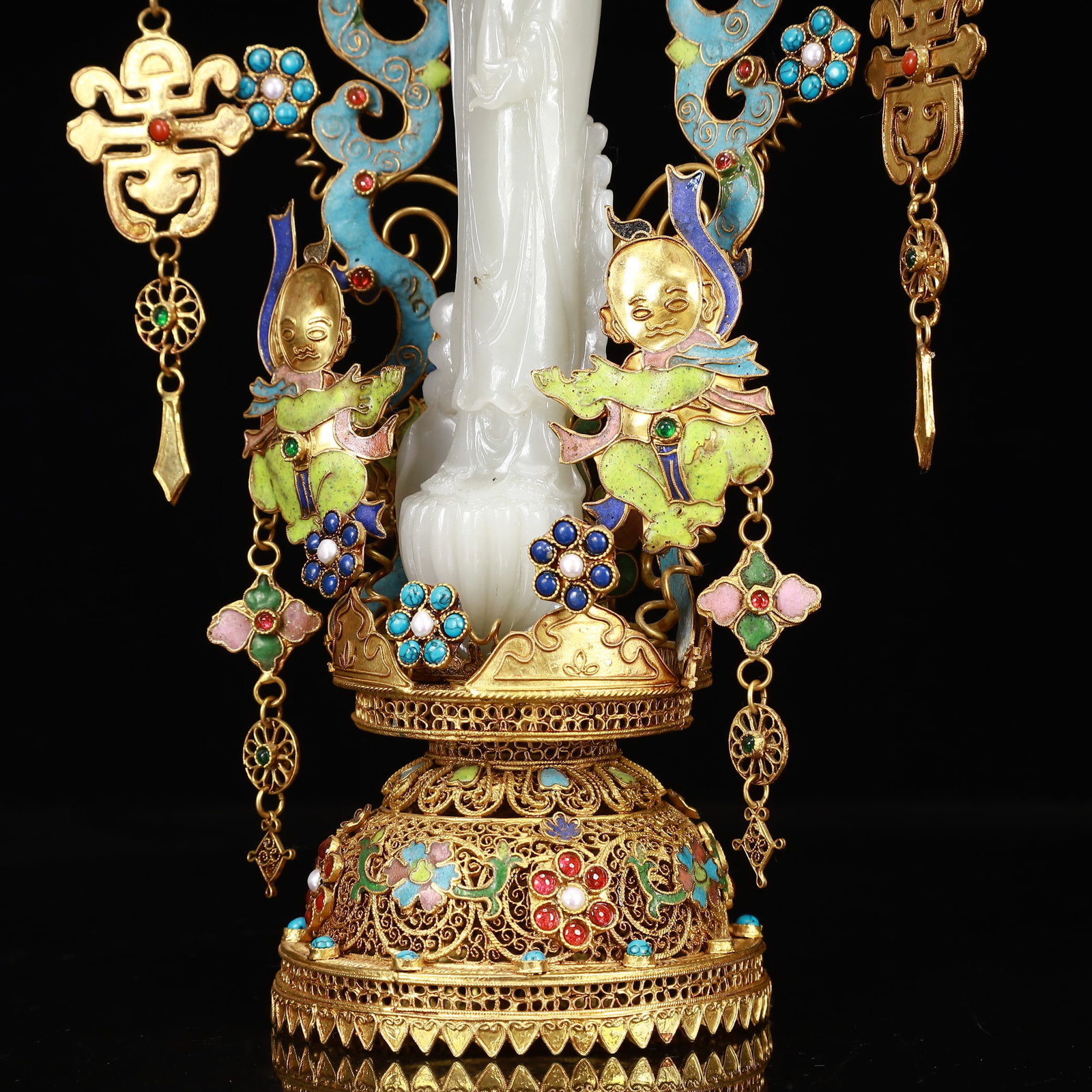 An Exquisite Filigree and Gilding Inlaid White Jade Statue of Avalokitesvara,Inlaid Gems - 6