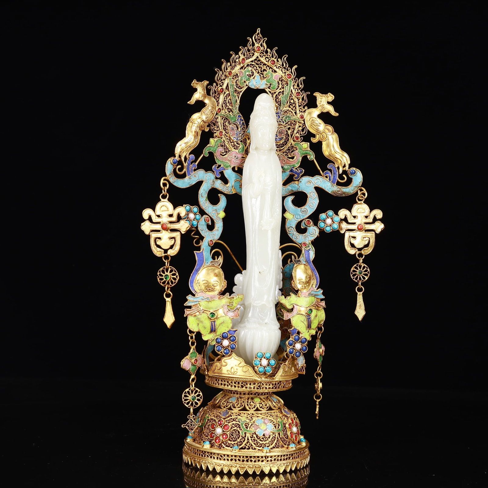An Exquisite Filigree and Gilding Inlaid White Jade Statue of Avalokitesvara,Inlaid Gems - 7