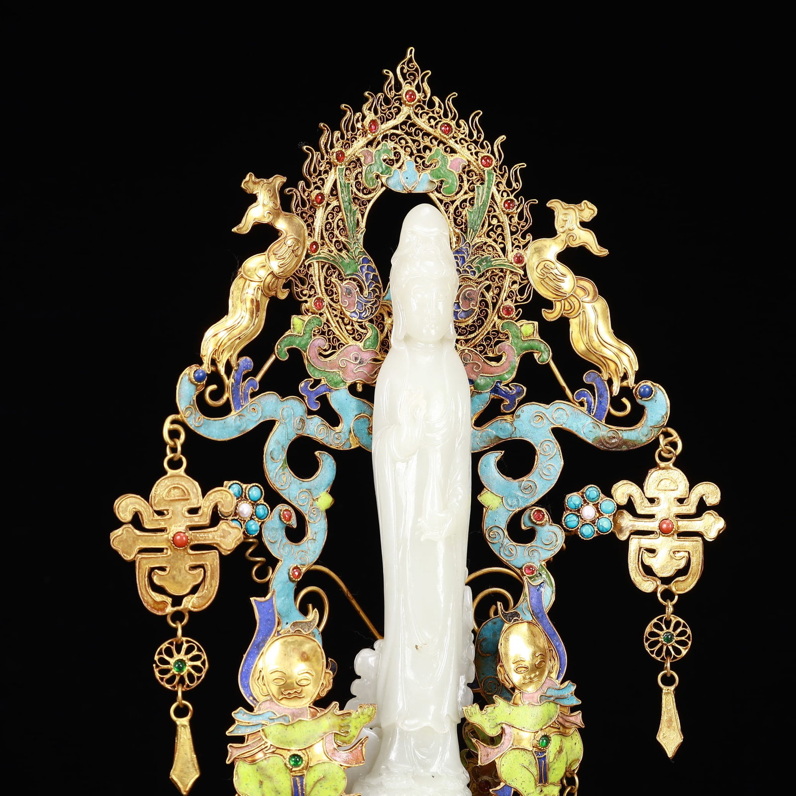 An Exquisite Filigree and Gilding Inlaid White Jade Statue of Avalokitesvara,Inlaid Gems - 8