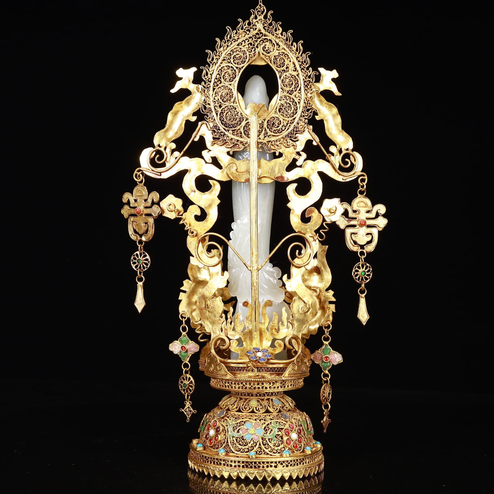 An Exquisite Filigree and Gilding Inlaid White Jade Statue of Avalokitesvara,Inlaid Gems - 9