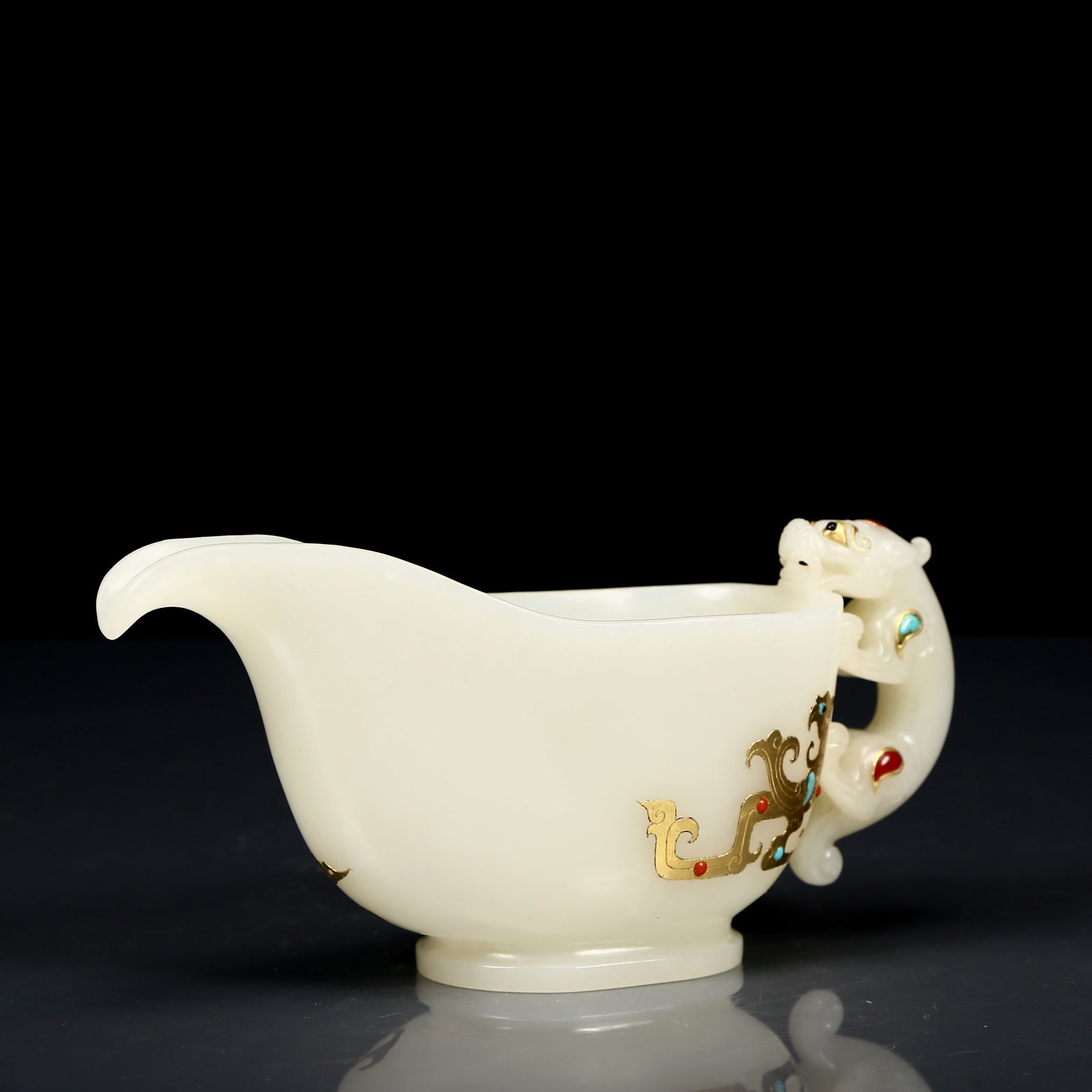 An Exquisite White Jade Inlaid Turquoise Dragon and Phoenix Pattern Goblet - 3