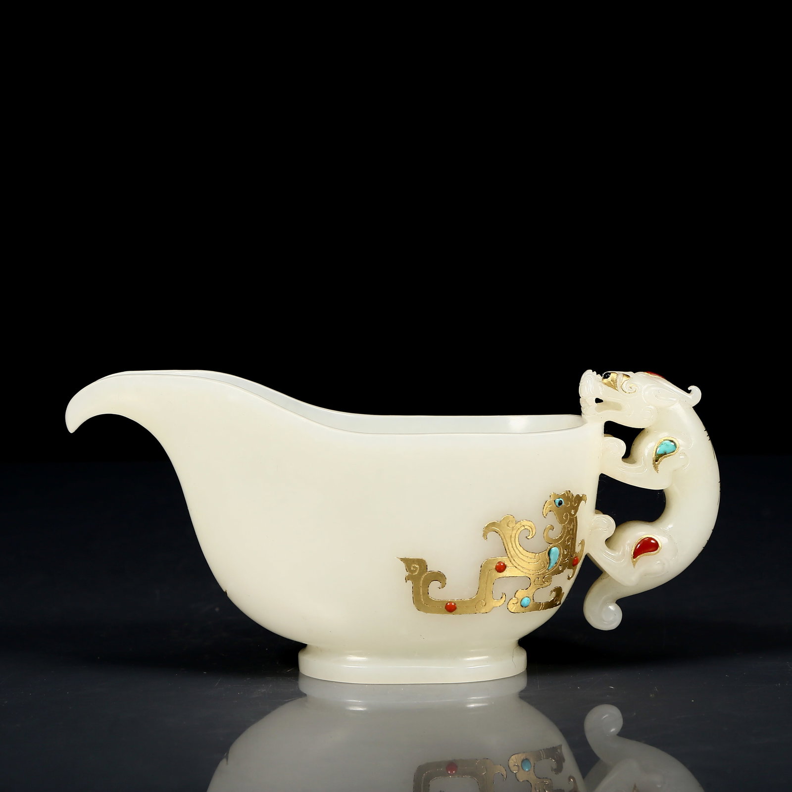 An Exquisite White Jade Inlaid Turquoise Dragon and Phoenix Pattern Goblet - 4