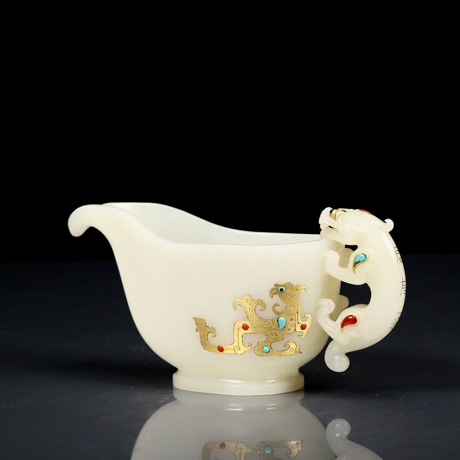 An Exquisite White Jade Inlaid Turquoise Dragon and Phoenix Pattern Goblet - 5