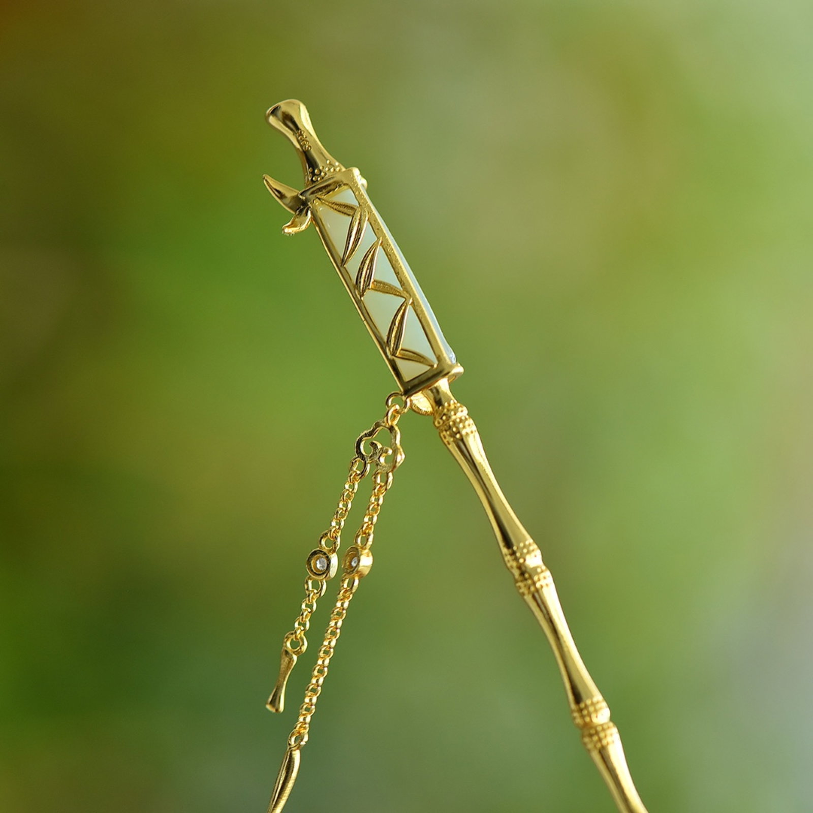An Exquisite Sterling Silver-Gold Plated Inlaid White Jade Enamel Hairpin - 5