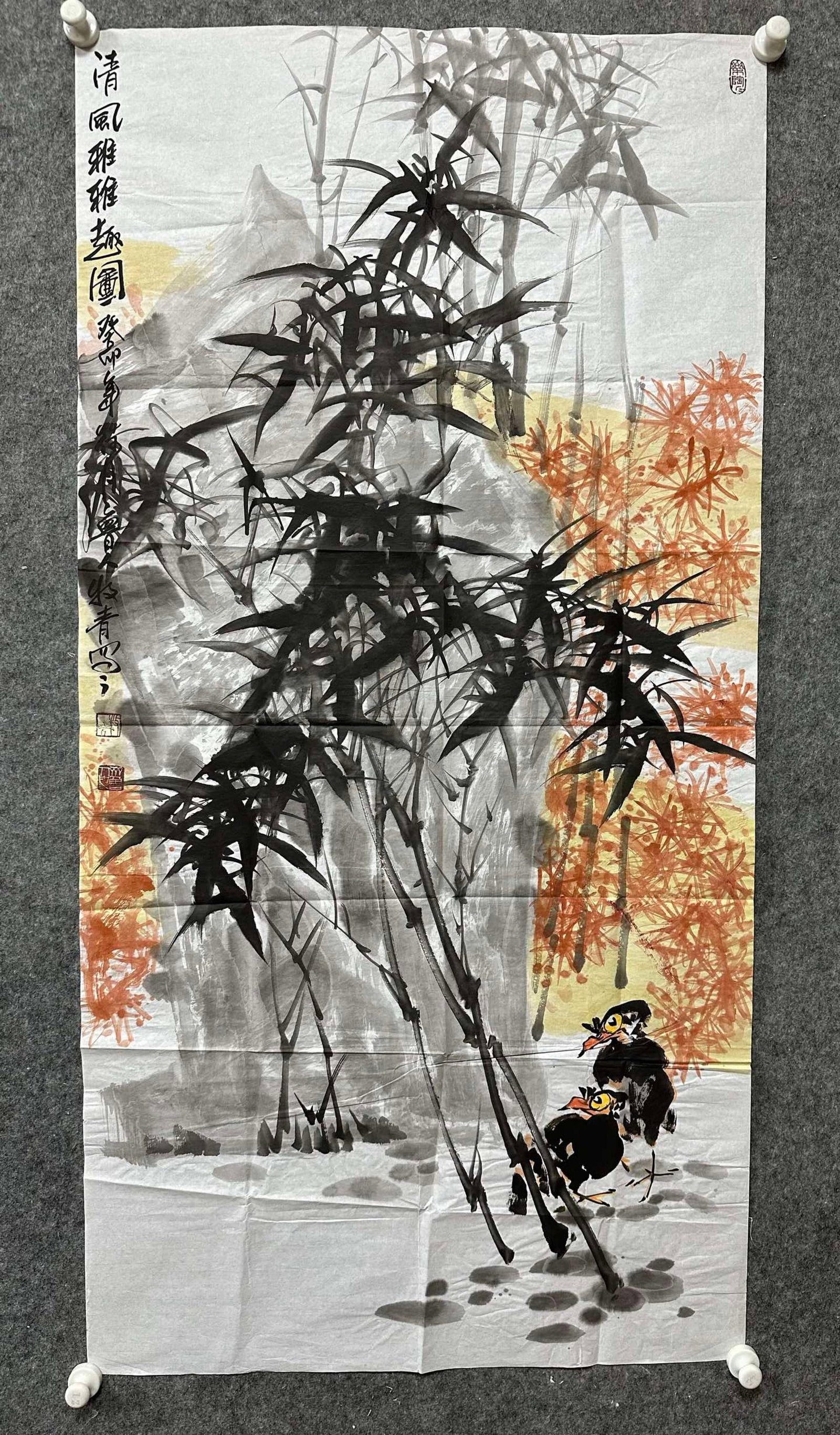 A Chinese Ink Painting of Bamboo and Bird on Paper,Li Xiyong: Estimated Value:2400-4800 A Chinese Ink Painting of Bamboo and Bird on Paper,Li Xiyong,Size:(Without frame)27inx53.5in 一幅中国水墨竹鸟图,李