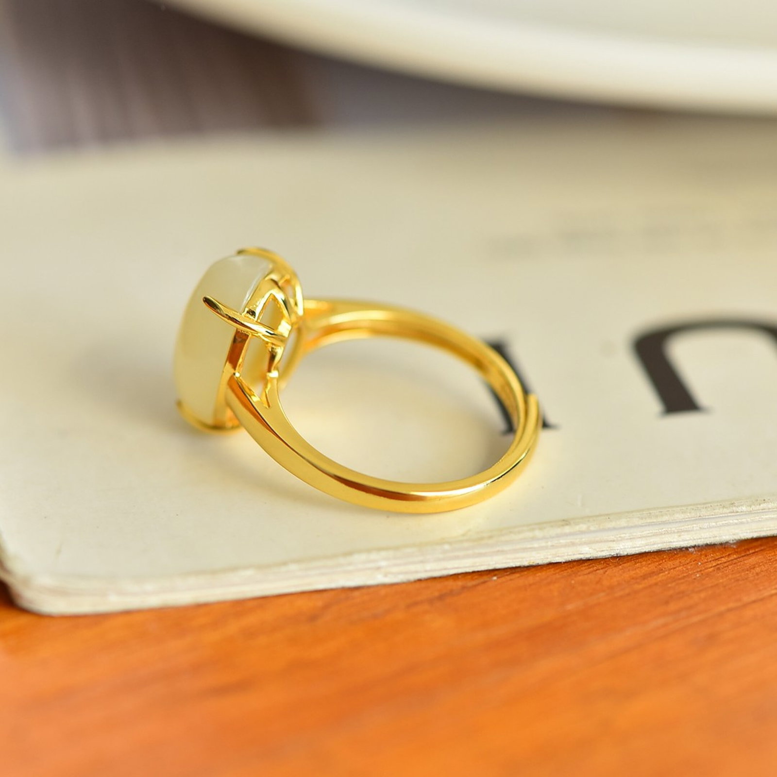 An Exquisite Sterling Silver-Gold Plated Inlaid White Jade Ring - 2
