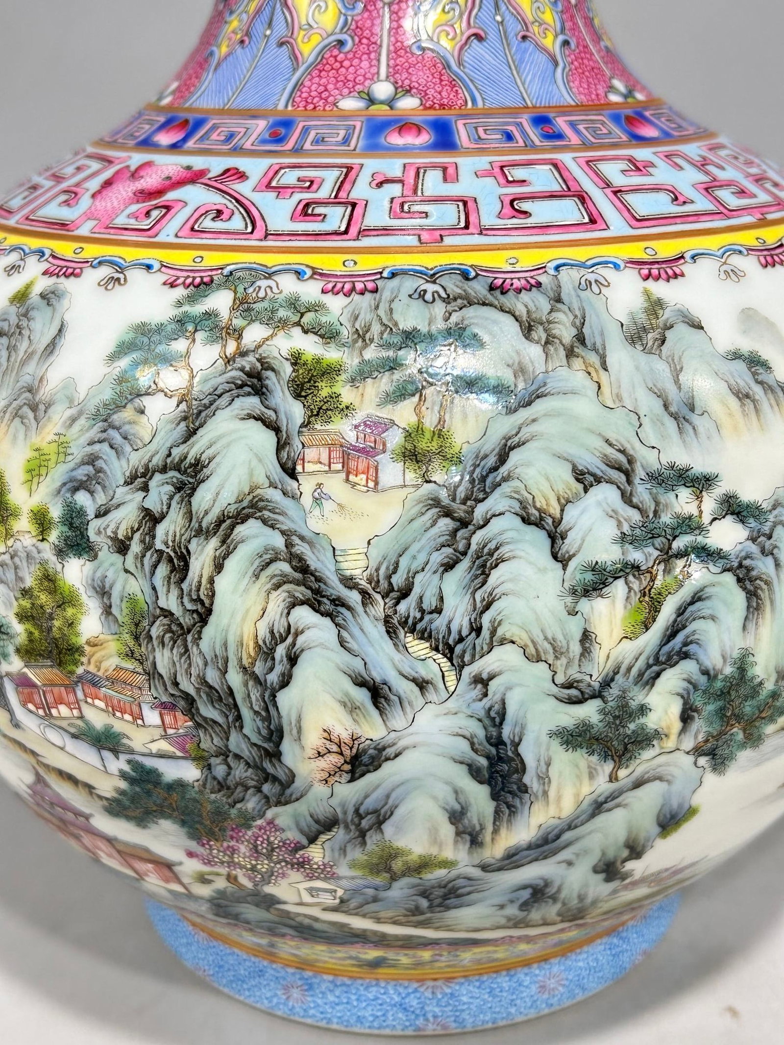 A Huge Famille-Rose Yellow Ground Painted Gold Landscape Pattern Vase - 8