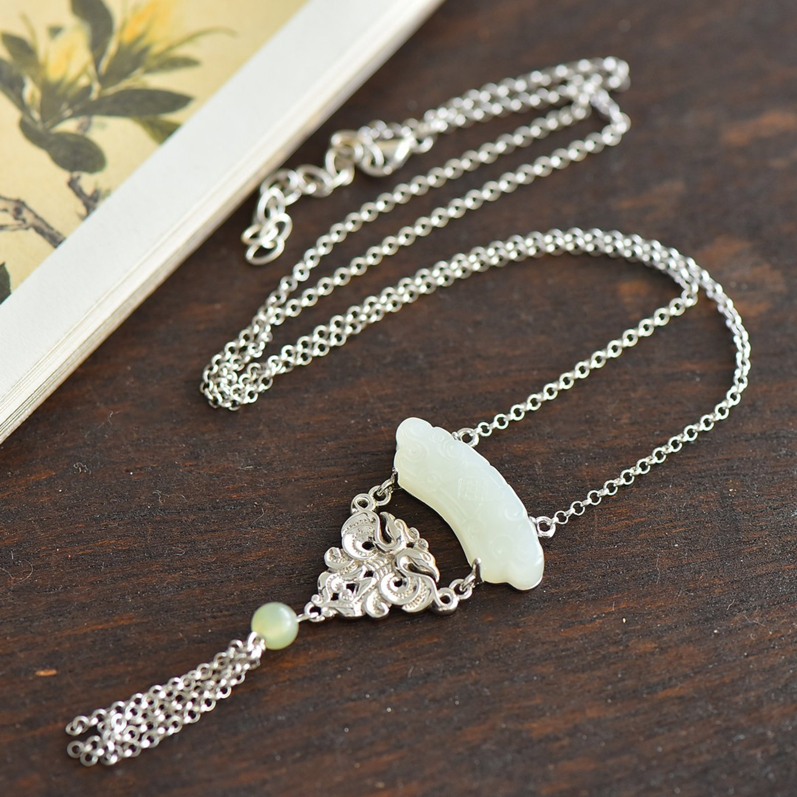 An Exquisite Sterling Silver Inlaid White Jade Pendant - 2