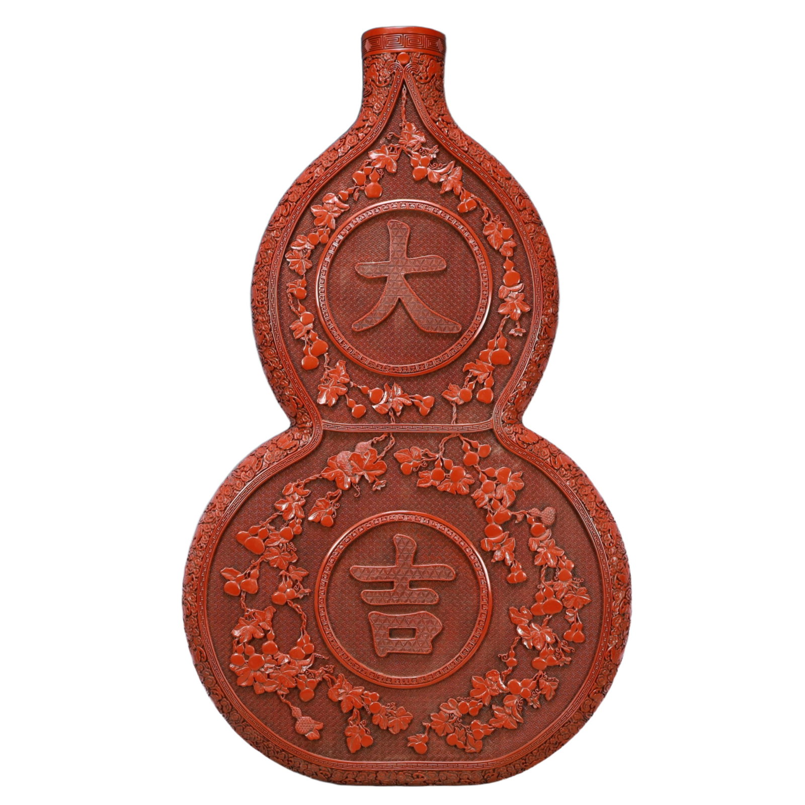 A Pair of Huge Carved Red Lacquer Gourd-Shaped Hanging Panels,with an Imperial Poem by Emperor Qi... - 2