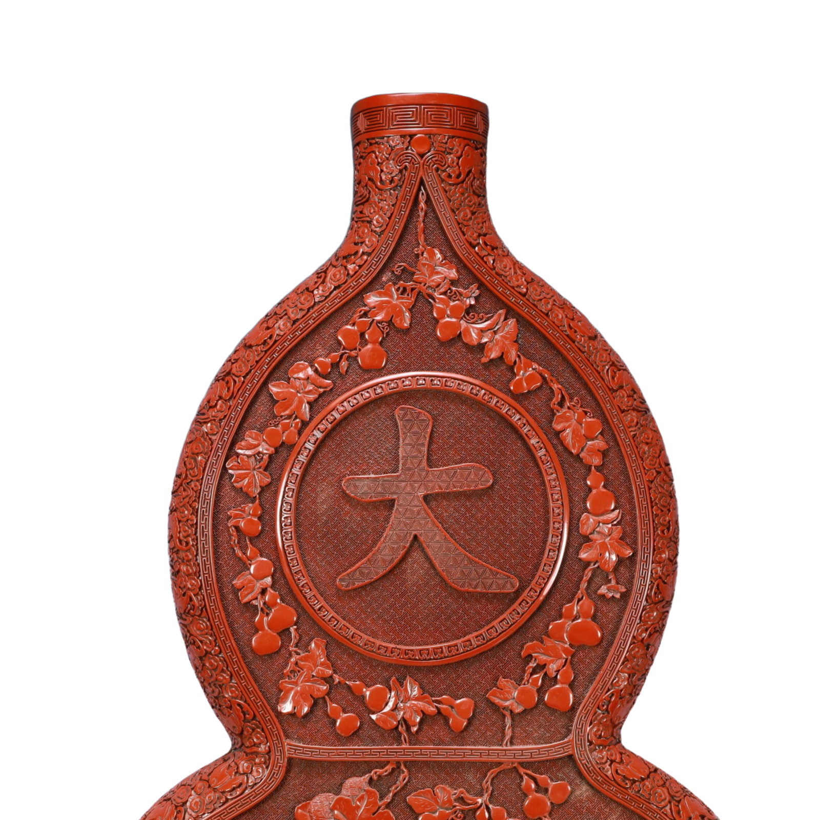 A Pair of Huge Carved Red Lacquer Gourd-Shaped Hanging Panels,with an Imperial Poem by Emperor Qi... - 3