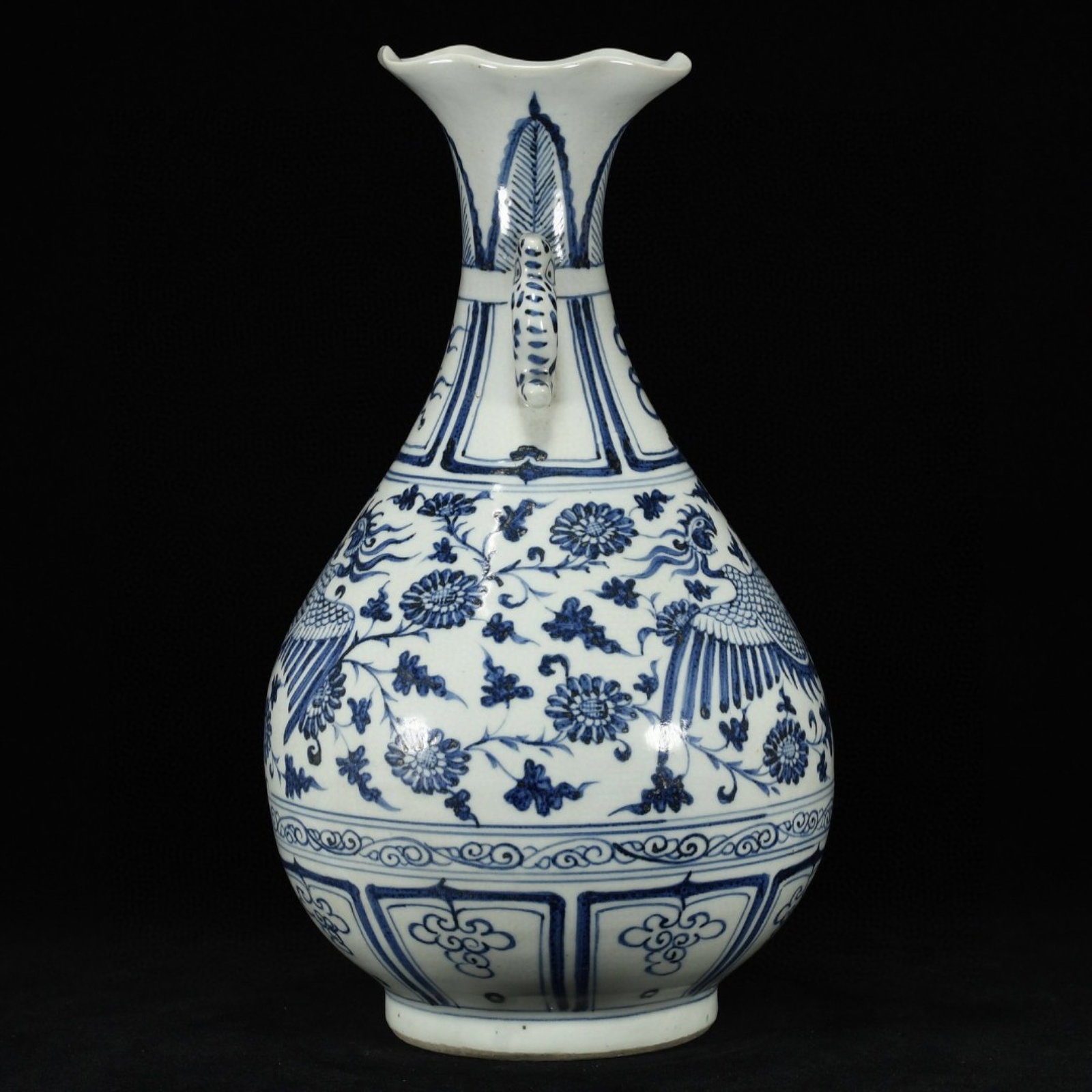 A Rare Blue and White Lotus and Phoenix Pattern Double-Ears Vase - 4