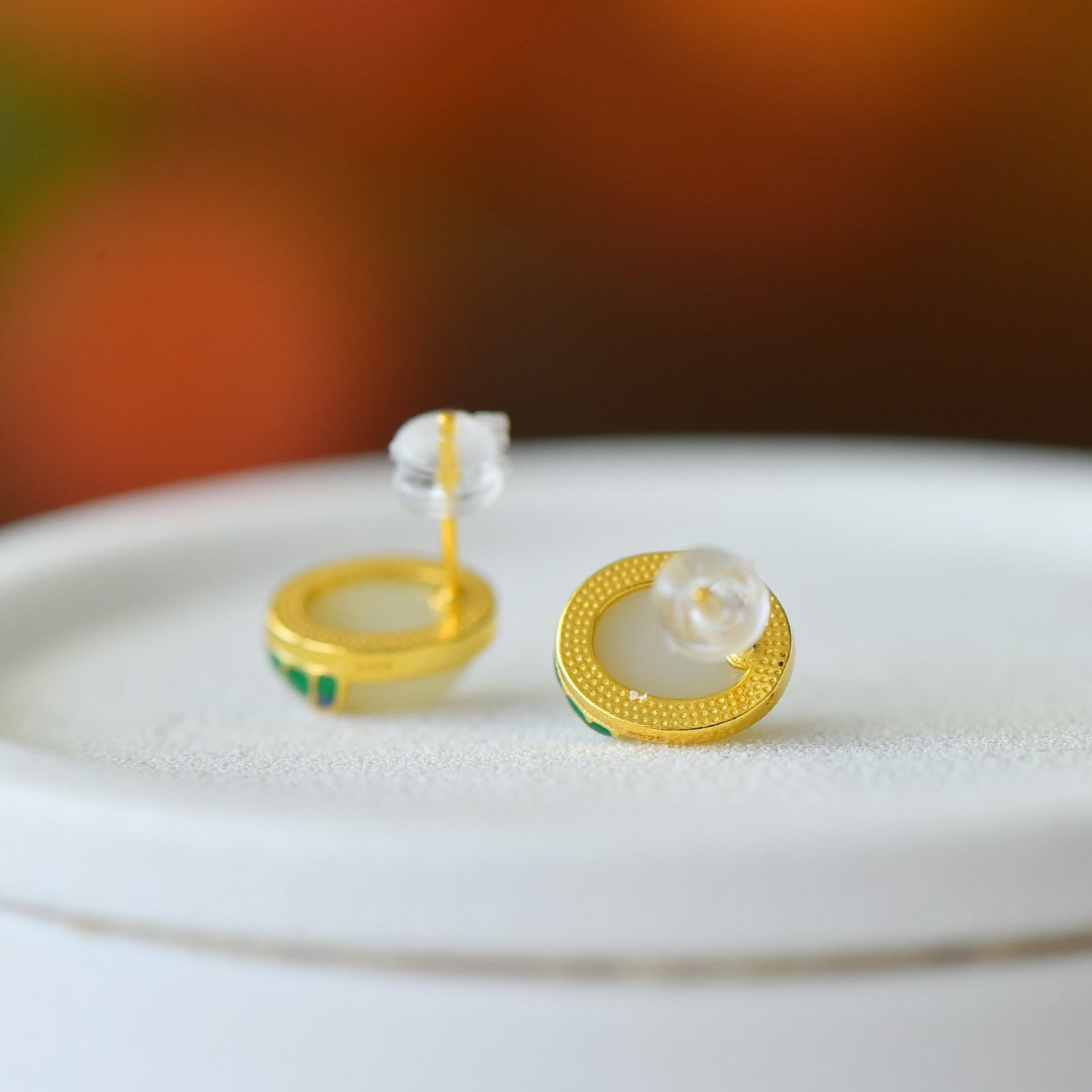 A Pair of Exquisite Sterling Silver-Gold Plated Inlaid White Jade Earrings - 5