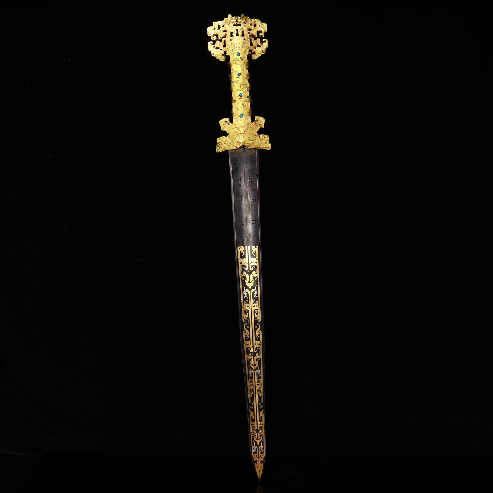 A Rare Gilt Bronze Dragon Pattern Sword,Inlaid Gems,With Base - 10