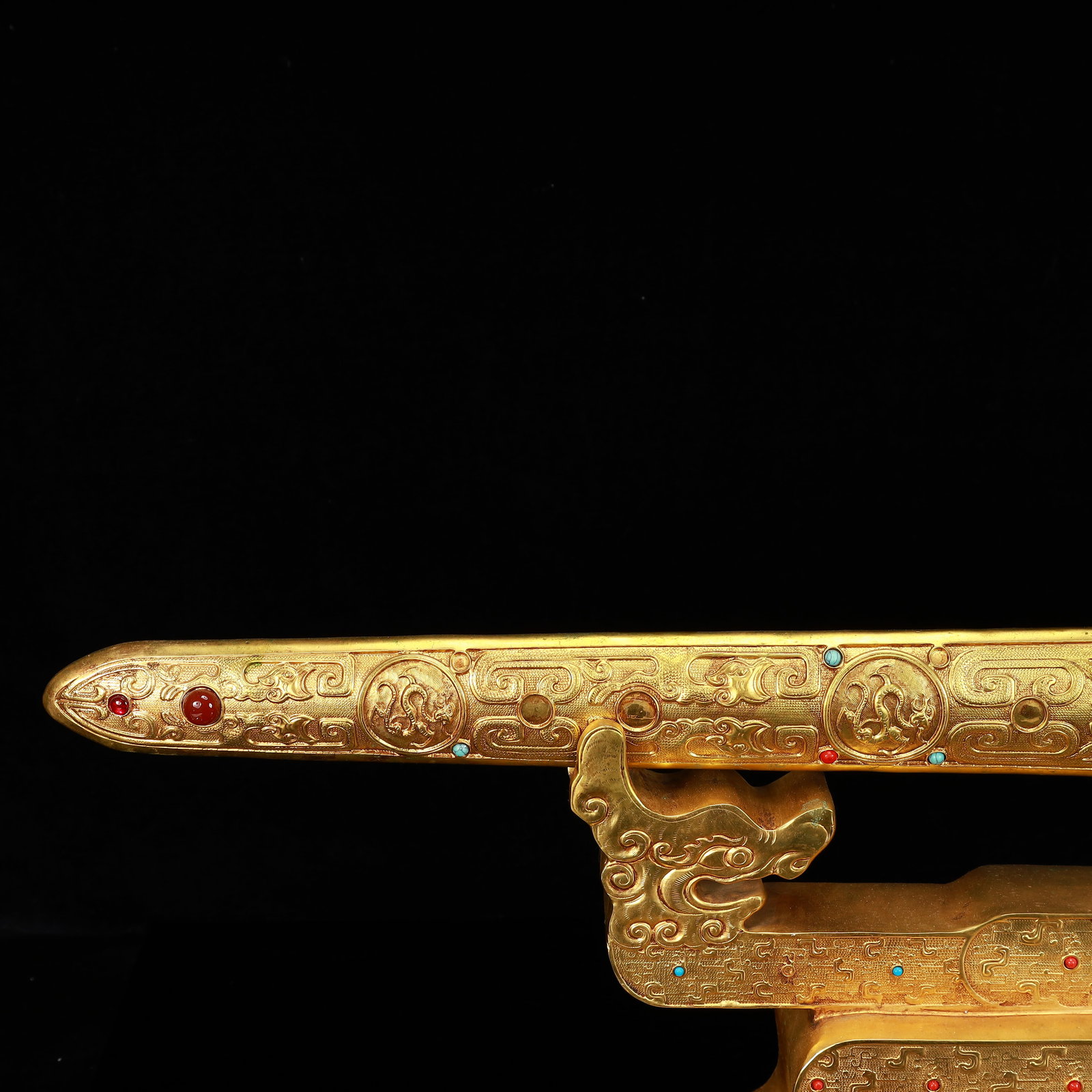 A Rare Gilt Bronze Dragon Pattern Sword,Inlaid Gems,With Base - 2