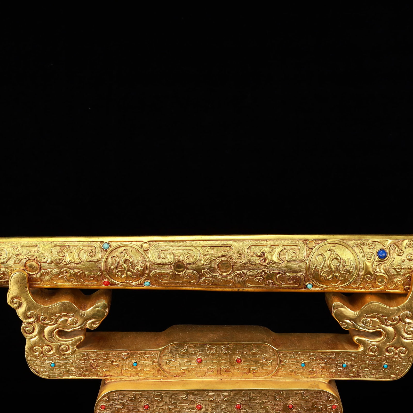A Rare Gilt Bronze Dragon Pattern Sword,Inlaid Gems,With Base - 3