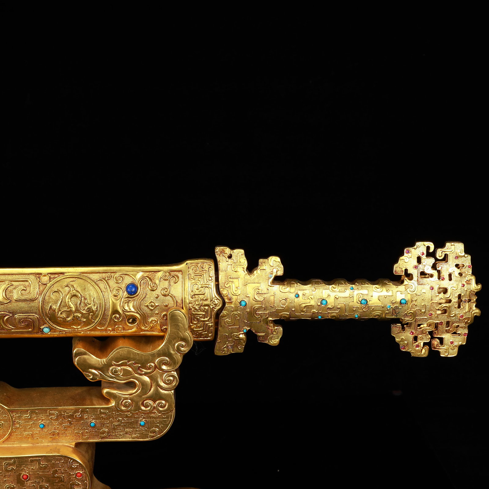 A Rare Gilt Bronze Dragon Pattern Sword,Inlaid Gems,With Base - 4