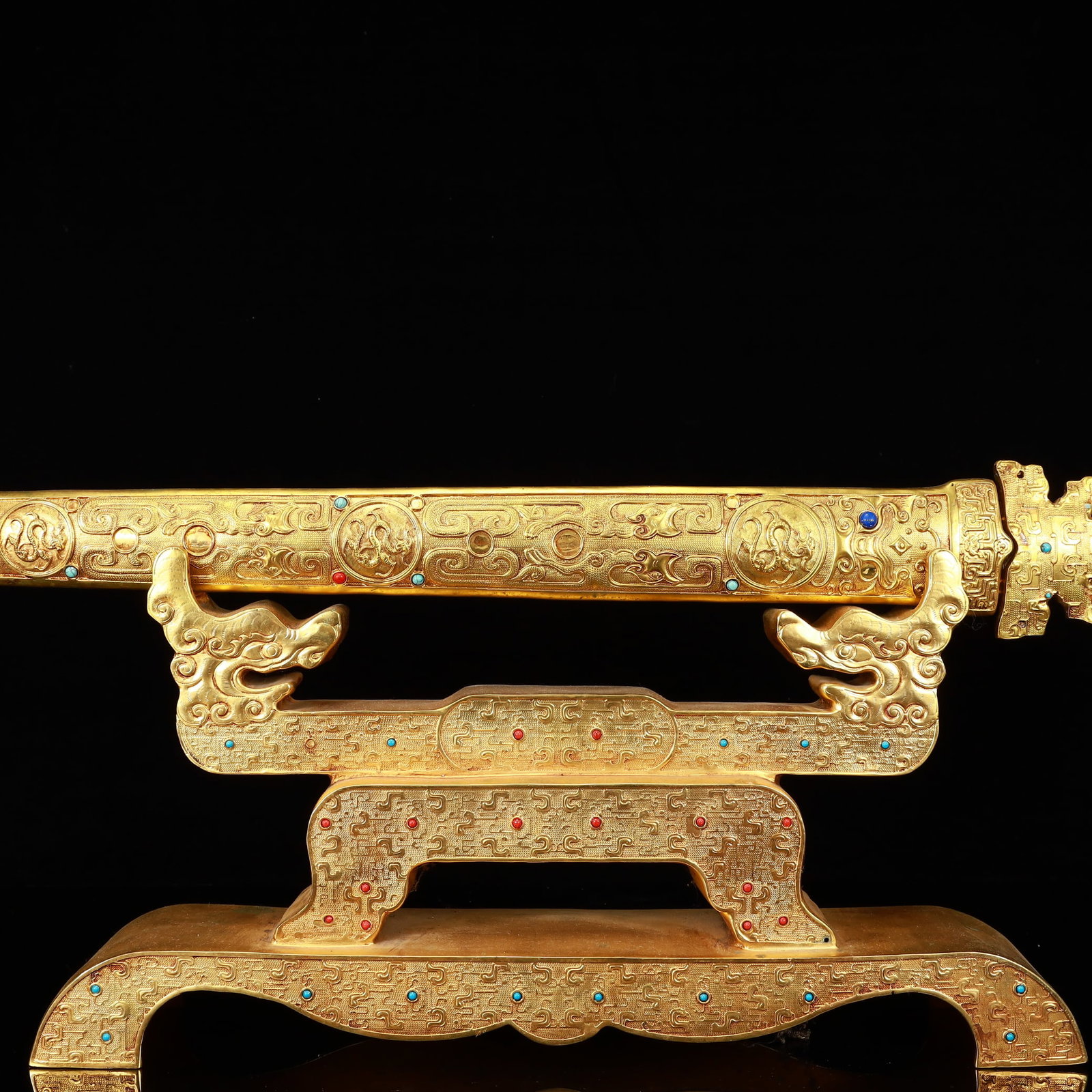 A Rare Gilt Bronze Dragon Pattern Sword,Inlaid Gems,With Base - 5