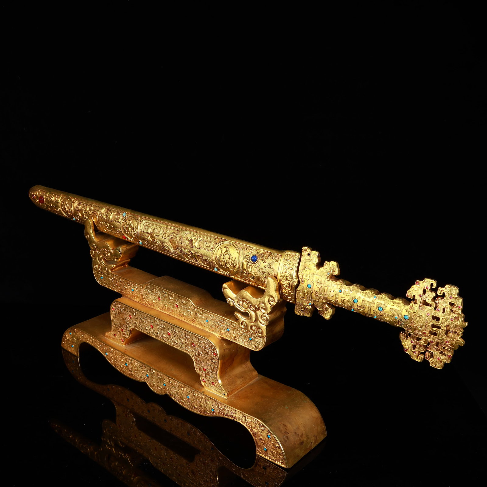 A Rare Gilt Bronze Dragon Pattern Sword,Inlaid Gems,With Base - 6