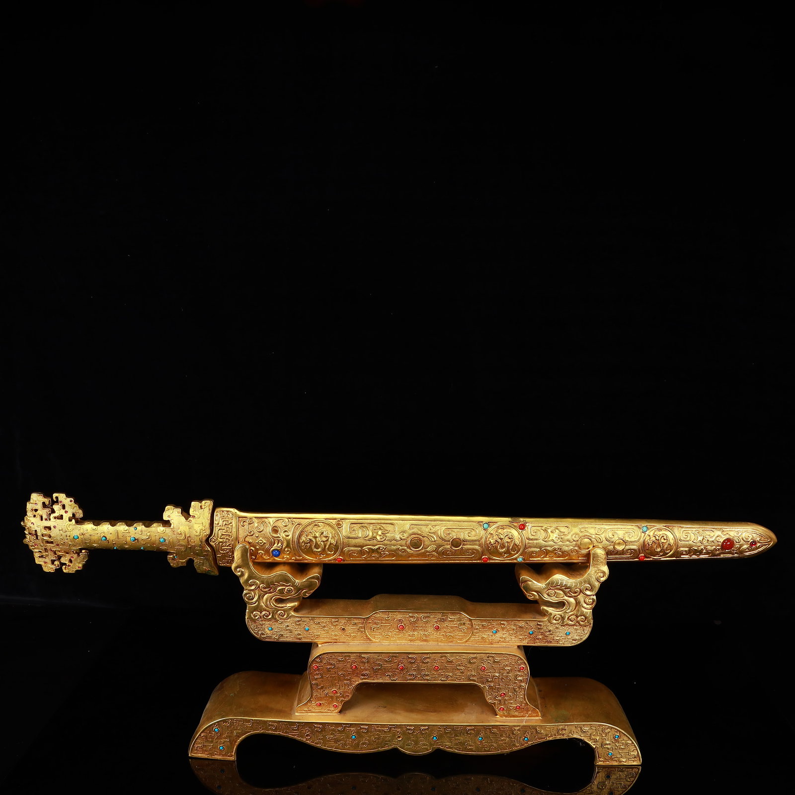 A Rare Gilt Bronze Dragon Pattern Sword,Inlaid Gems,With Base - 8