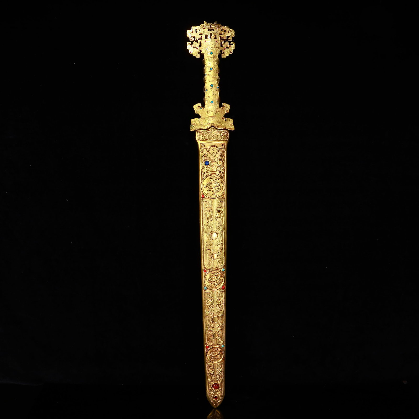 A Rare Gilt Bronze Dragon Pattern Sword,Inlaid Gems,With Base - 9