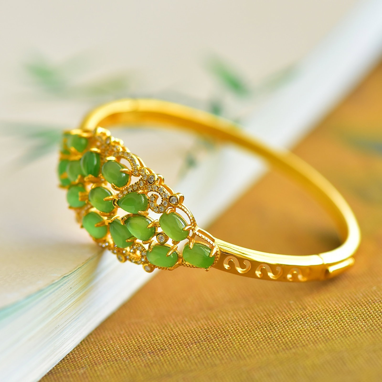 An Exquisite Sterling Silver-Gold Plated Inlaid Jasper Bracelets,Inlaid Diamond - 4