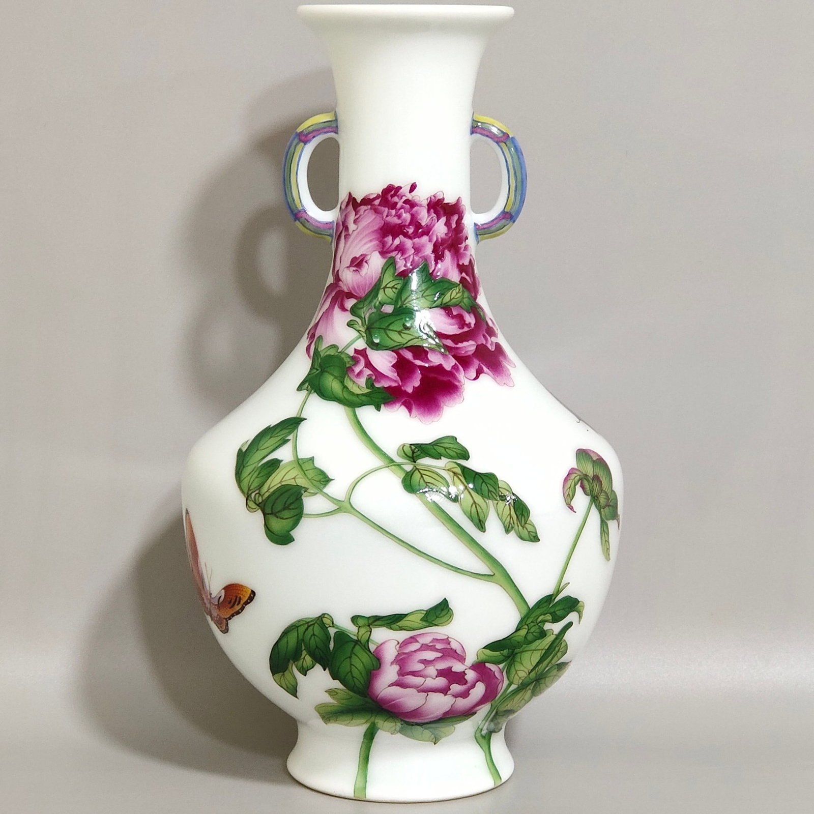 A Pair of Exquisite Enamel Flower and Butterfly Pattern Double-Ears Vases,With Poem - 2