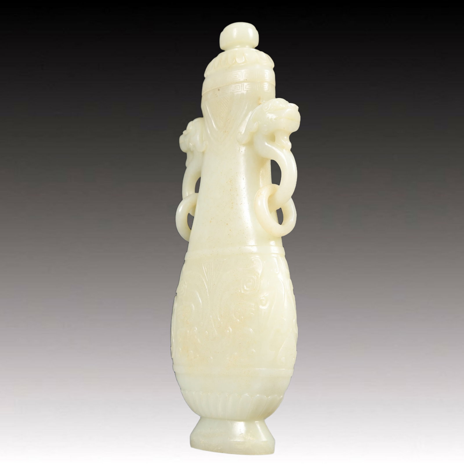 An Exquisite White Jade Beast-Face Pattern Dragon-Ears Bottle - 4